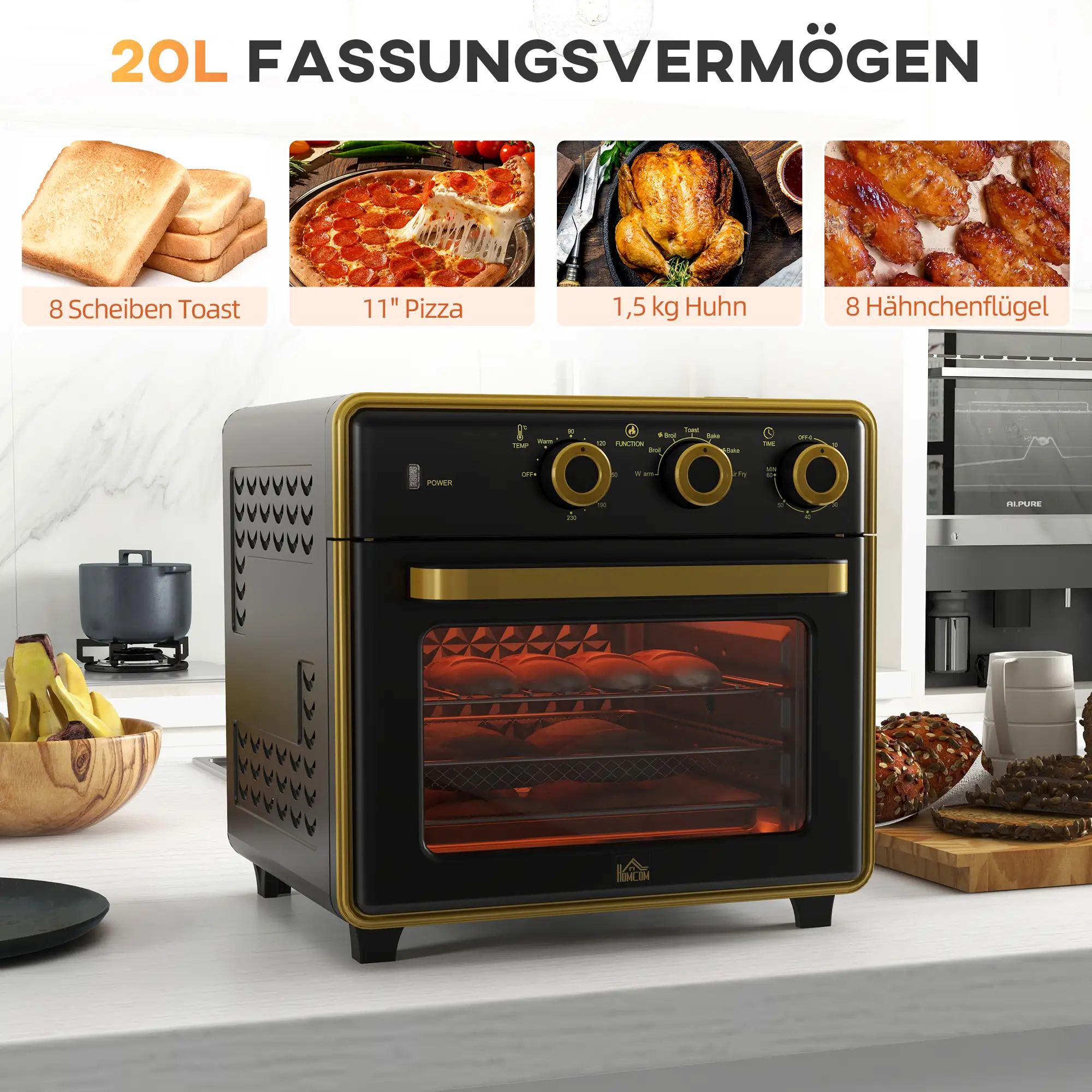 Schwarz-goldener Ofen mit Lebensmittelproben wie Pizza, Huhn und Toast. Text lautet '20L Fassungsvermögen'.