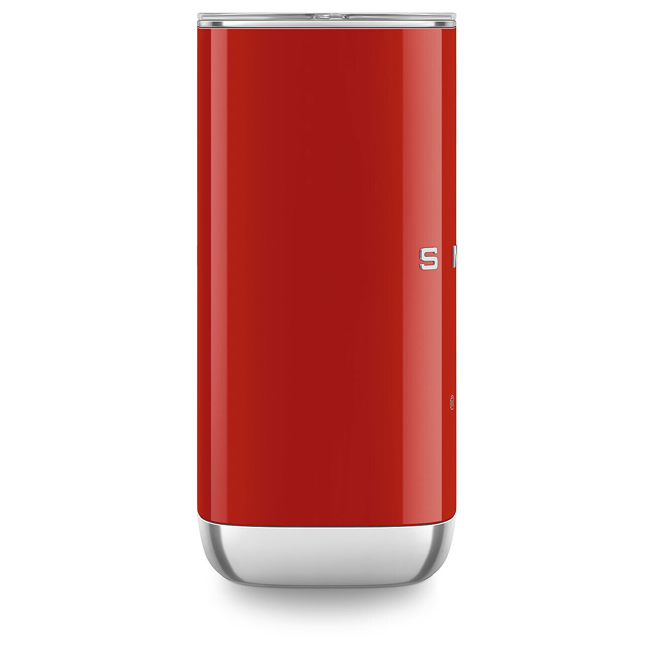 Ein roter Smeg-Becher mit silbernem Boden und Rand. Das Smeg-Logo ist sichtbar. Der Hintergrund ist weiß.
