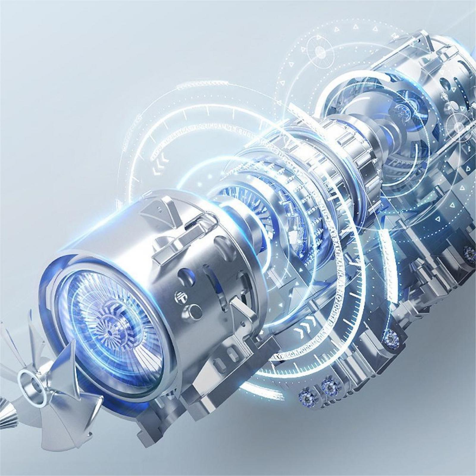 Ein metallischer Motor mit blau leuchtenden internen Komponenten. Futuristisches Design mit kreisförmigen und linearen Elementen. Blaue und silberne Farben.
