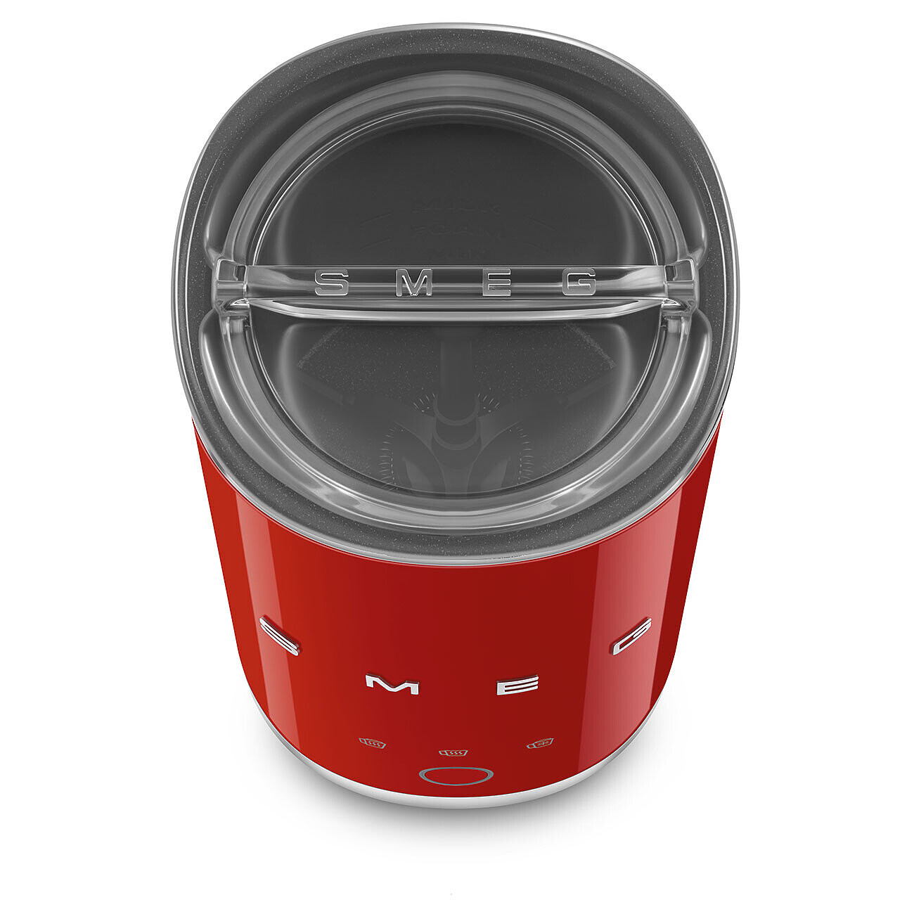 Ein roter SMEG-Kaffeemühle von oben gesehen. Es hat einen transparenten Deckel. Das SMEG-Logo ist sichtbar.