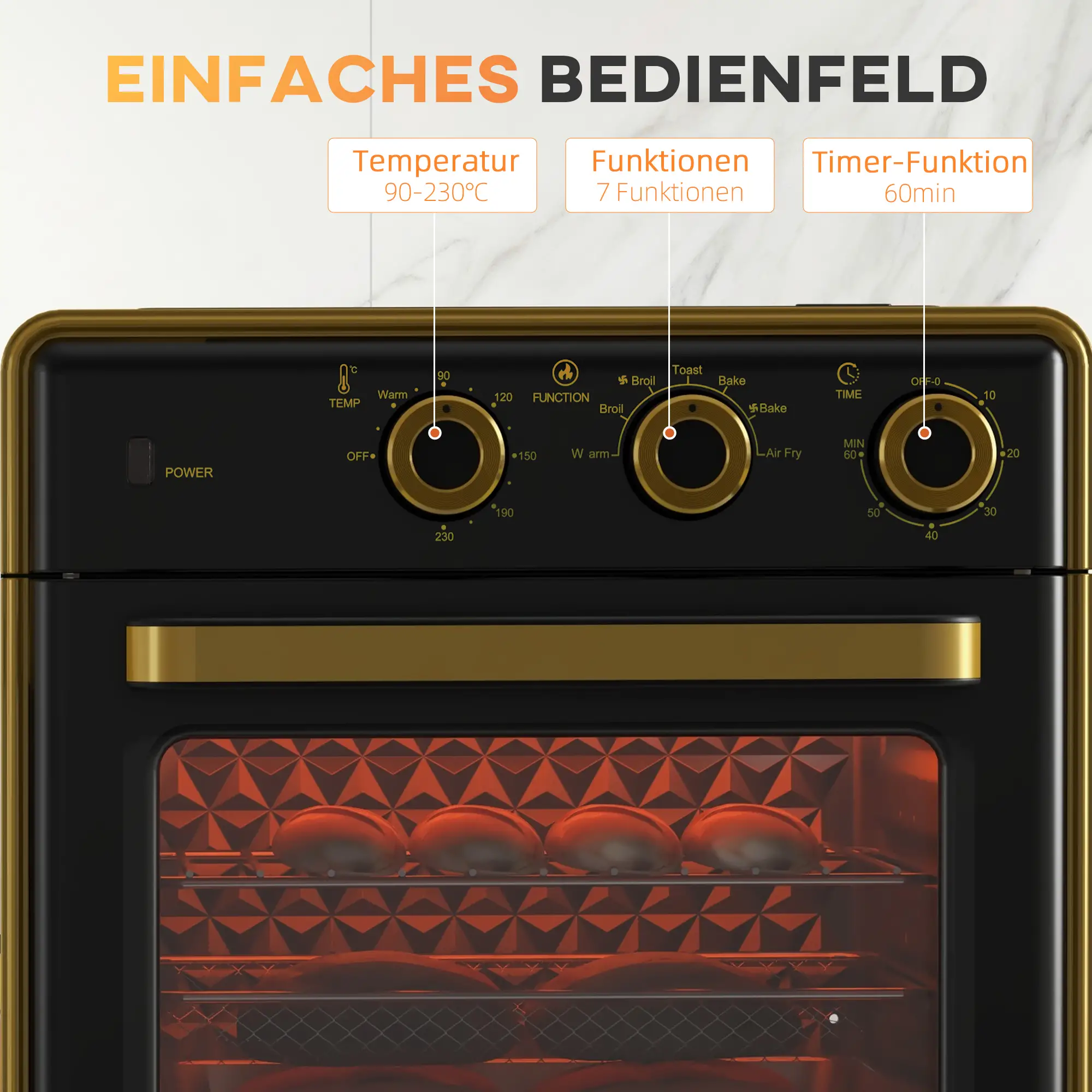 Schwarzer und goldener Backofen mit Bedienfeld und Innenansicht mit Brot.