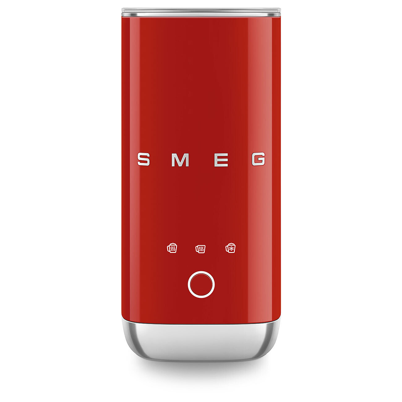 Ein roter und silberner Smeg-Toaster. Er hat das Smeg-Logo und Symbole für verschiedene Toaster-Einstellungen sowie eine runde Taste auf der Vorderseite.