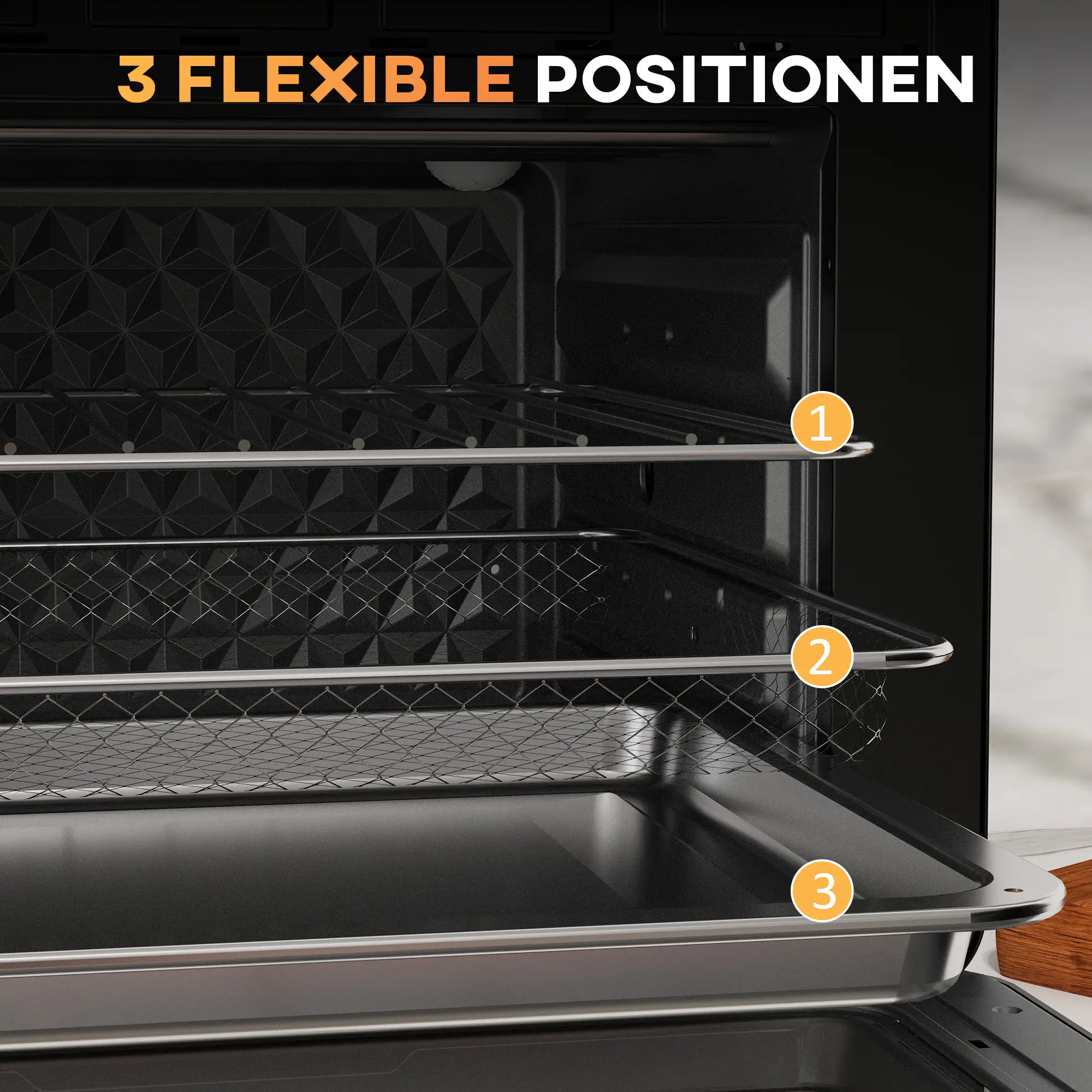 Ein Backofeninnenraum mit drei Ebenen. Die obersten beiden Ebenen haben Metallroste, die untere eine Pfanne. Text: 3 flexible Positionen.