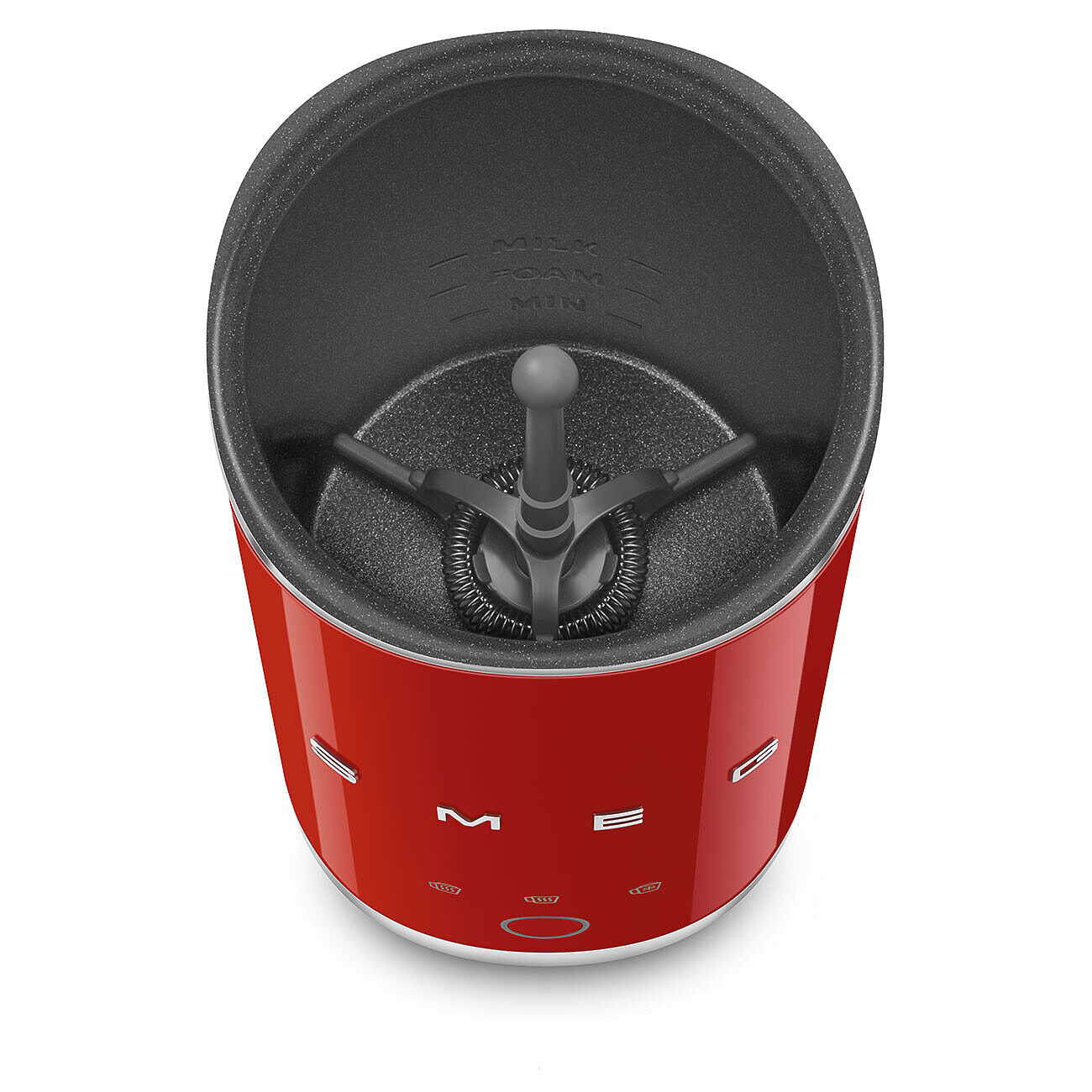 Roter Smeg-Milchaufschäumer. Im Inneren befinden sich ein Schneebesen und Markierungen für Milch- und Schaumpegel. Die Basis hat das Smeg-Logo.