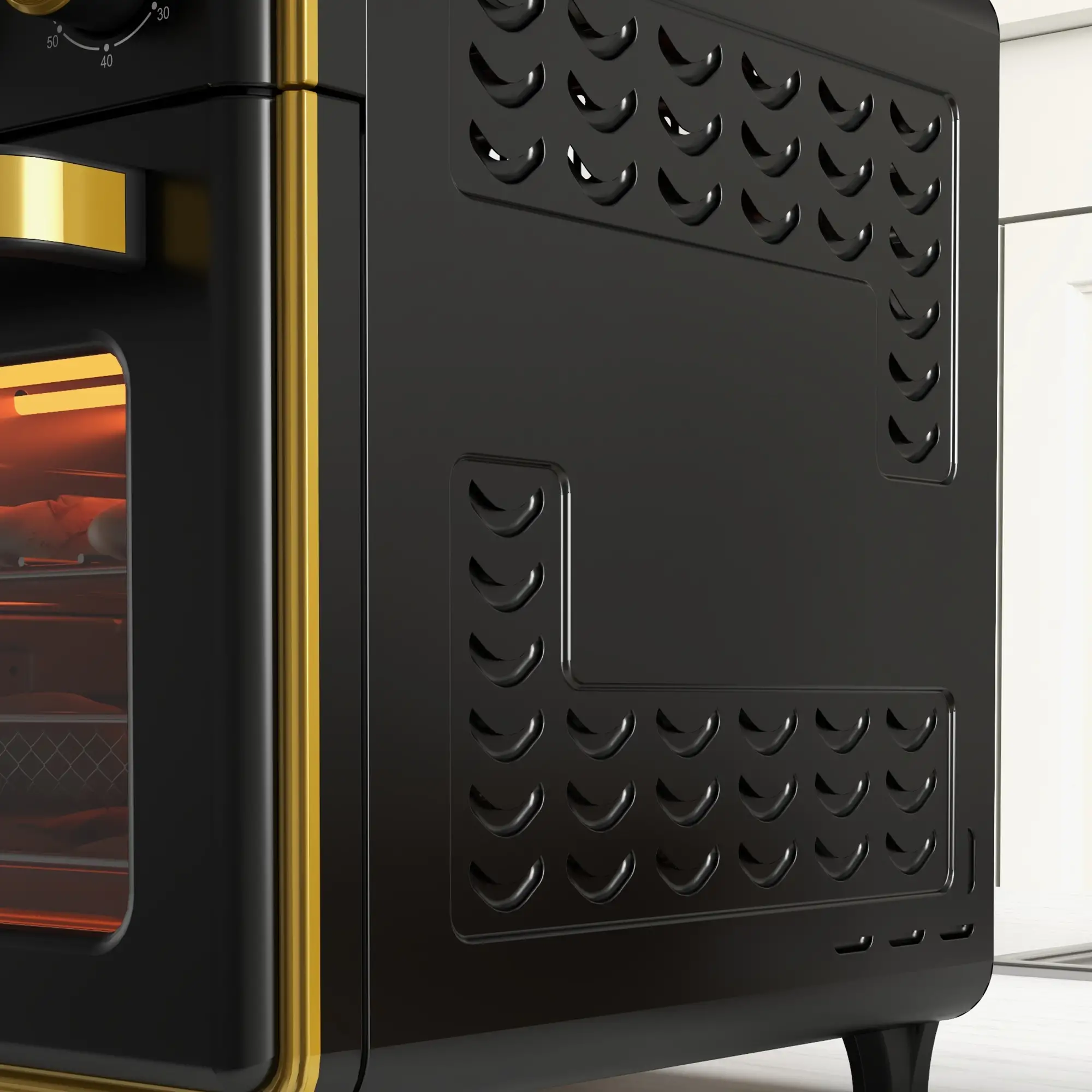Nahaufnahme eines schwarz-goldenen Ofens. Der Ofen hat eine Glastür, die das Innere zeigt. Die Rückseite hat ein einzigartiges Design.