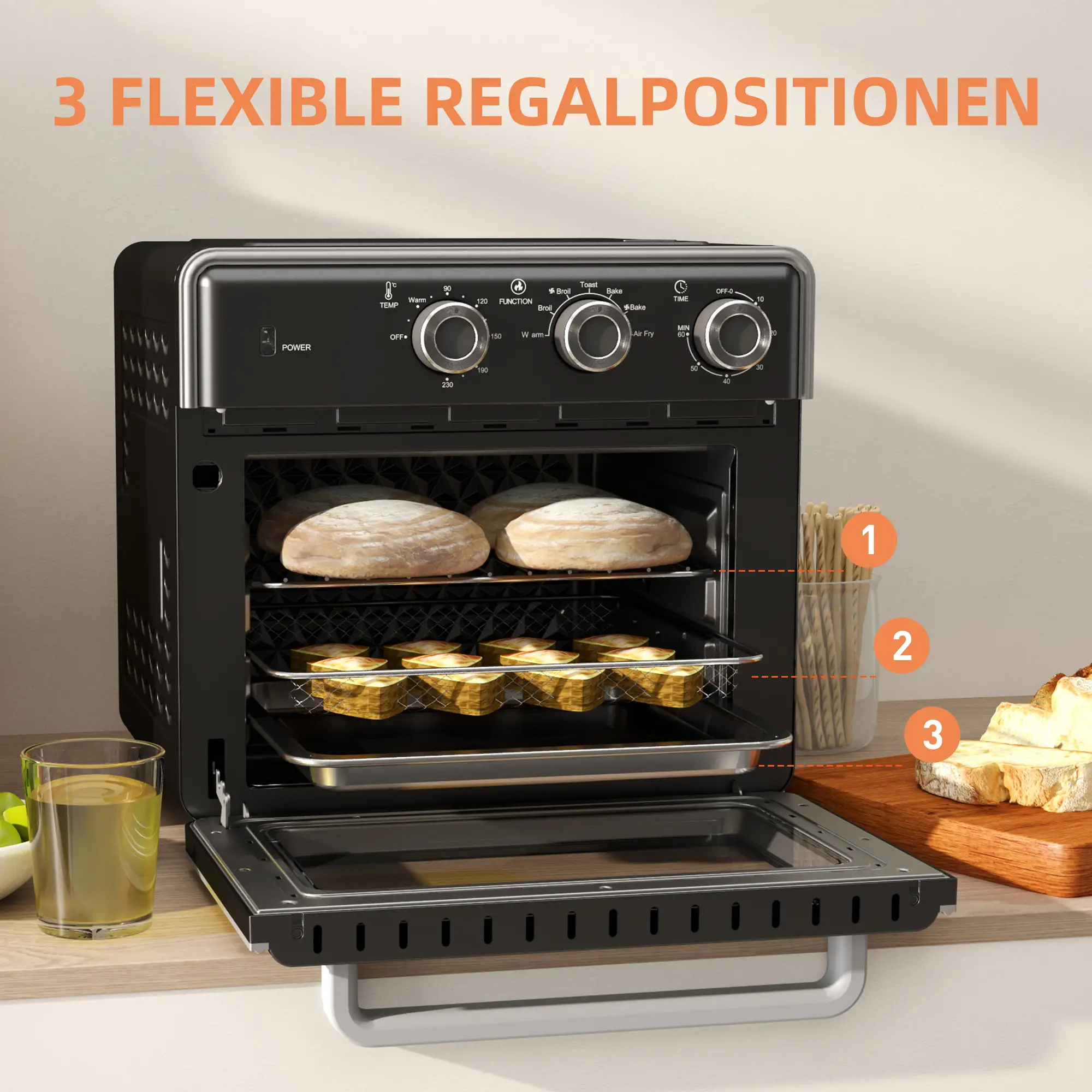 Der Airfryer-Ofen ist offen, mit Brot im Inneren. Bedienelemente und Zubehör sind sichtbar.