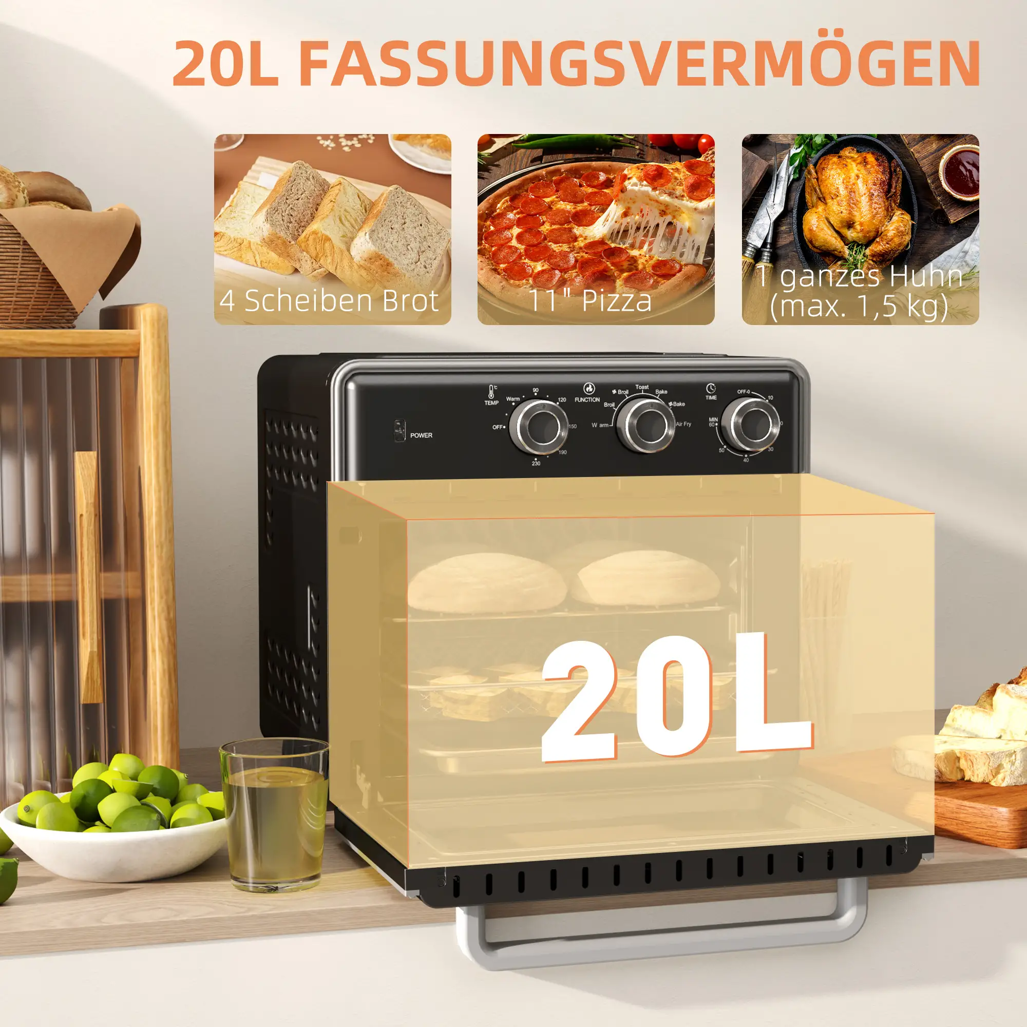 Ein Ofen mit Bildern von Brot, Pizza und einem ganzen Hühnchen. Er zeigt auch die Kapazität und die Bedienelemente des Ofens.