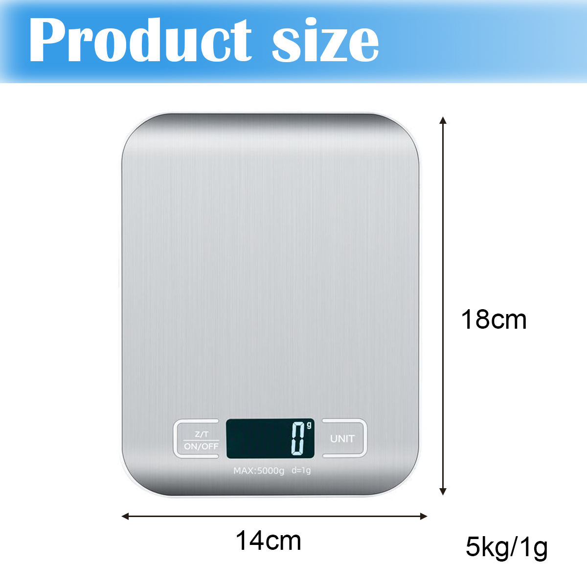 Eine silberne Küchenwaage zeigt '0g' und Abmessungen. Sie misst 14cm x 18cm, mit einer Kapazität von 5kg/1g. Text lautet 'Produktgröße'.