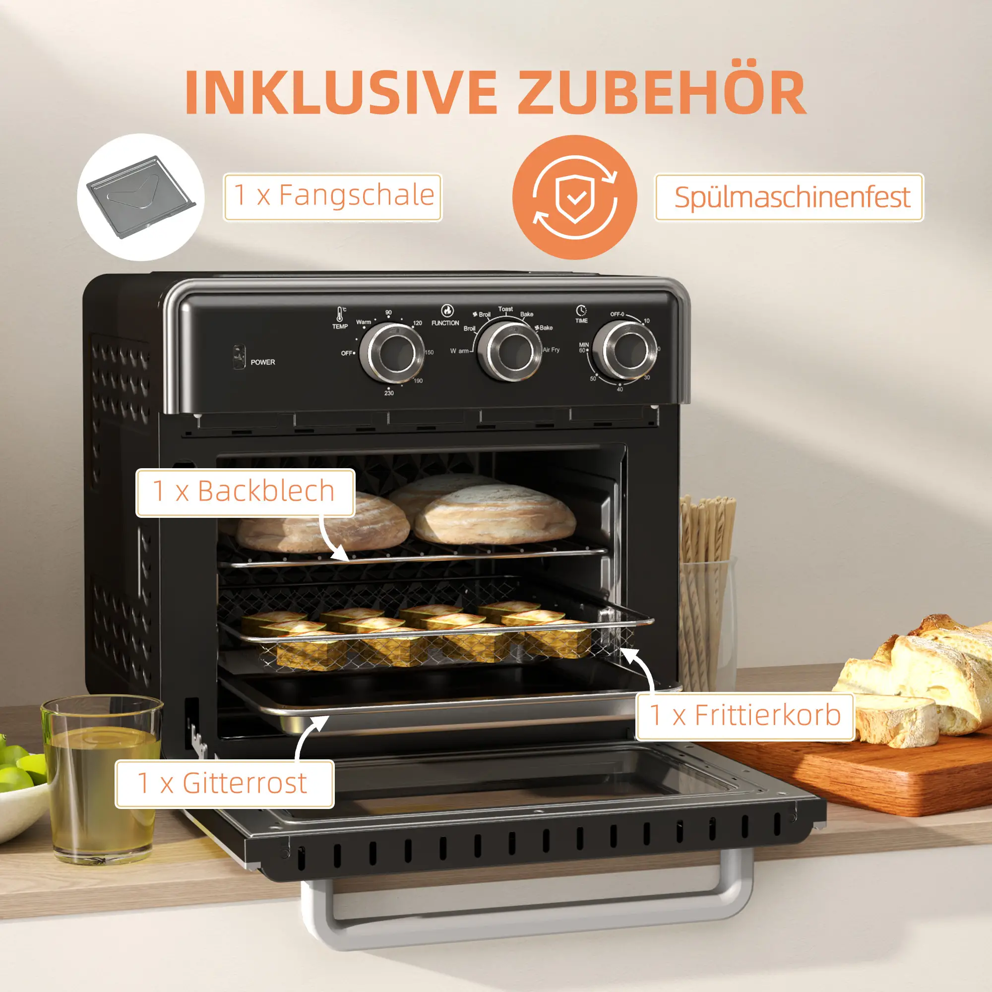 Schwarze Heißluftfritteuse mit Zubehör wie Backblech, Grill und Frittierkorb. Inklusive Brot und einem Glas Flüssigkeit.