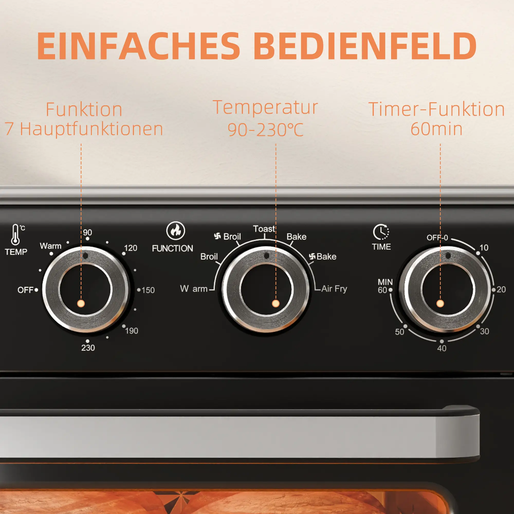 Backofen-Bedienfeld mit Temperatur-, Funktions- und Timer-Reglern. Enthält Temperaturbereich, Funktionsoptionen und Timereinstellungen.