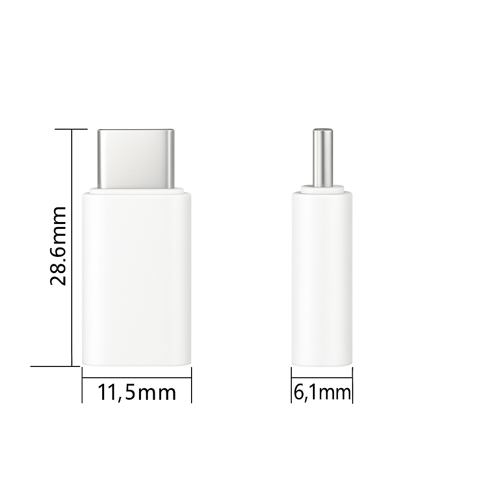 Zwei weiße USB-C- und Adapterstecker. Abmessungen sind beschriftet: 28,6 mm x 11,5 mm und 6,1 mm. Der Hintergrund ist weiß.