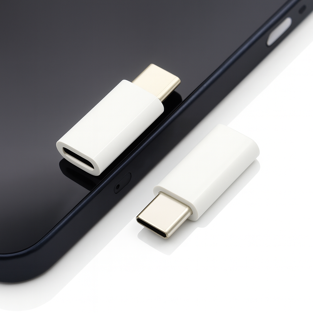 Zwei weiße USB-C-Adapter auf einem schwarzen Telefon. Einer ist eingesteckt, der andere liegt daneben. Beide haben silberne Anschlüsse.
