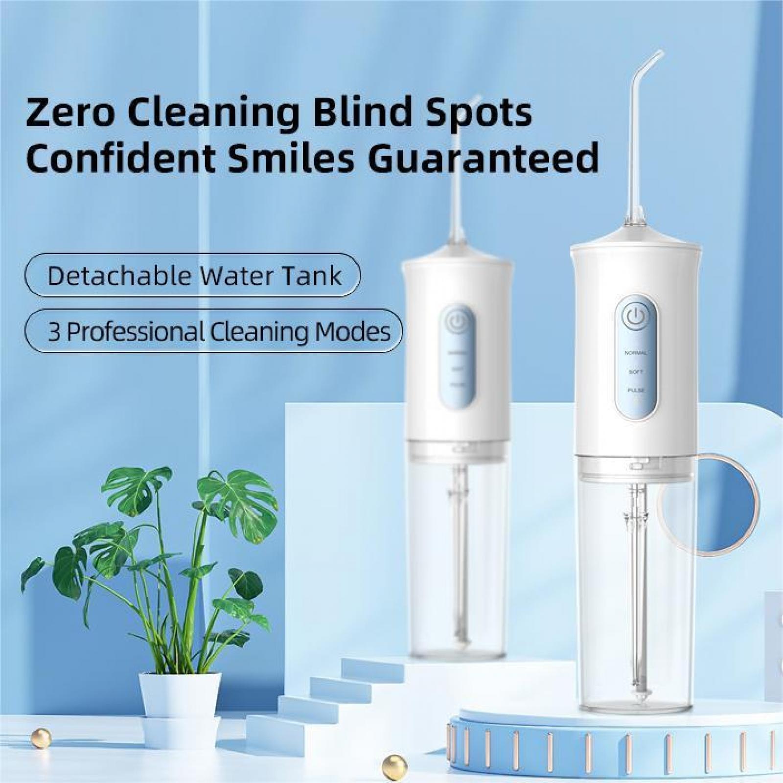 Werbung zeigt zwei weiße Zahnwasser-Flosser, eine Pflanze und Text. Die Flosser stehen auf einer blauen Plattform.