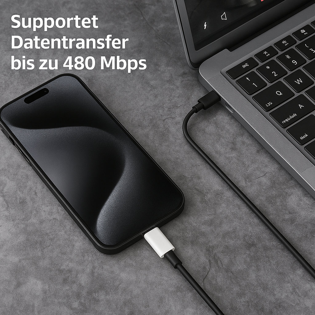 Ein schwarzes Smartphone ist über ein schwarzes Kabel mit einem Laptop verbunden. Ein weißer Stecker ist in das Telefon gesteckt. Text: 480 Mbps.