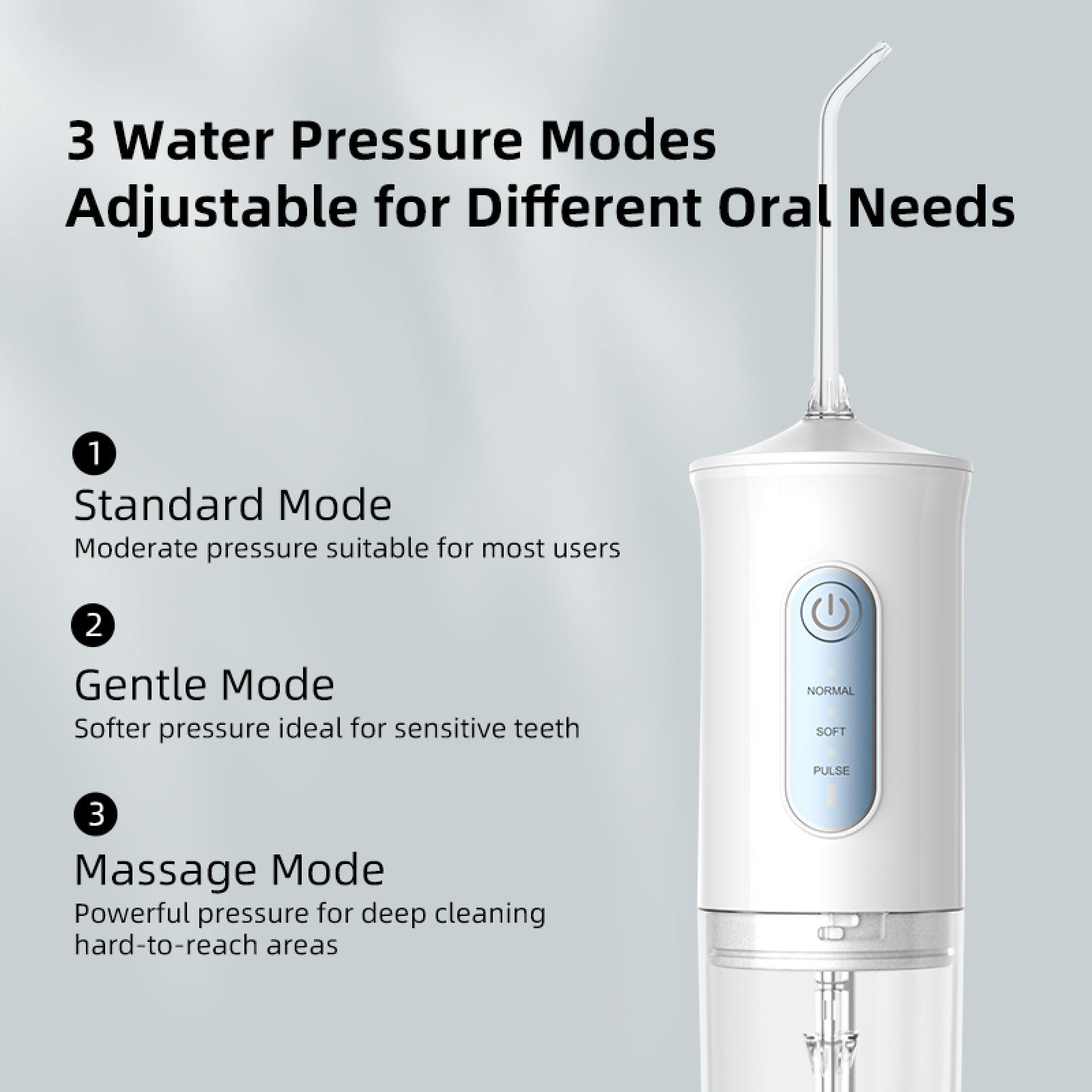 Ein weißer Wasser-Flosser mit drei Druckmodi: Standard, sanft und Massage. Text beschreibt die Verwendung jedes Modus.