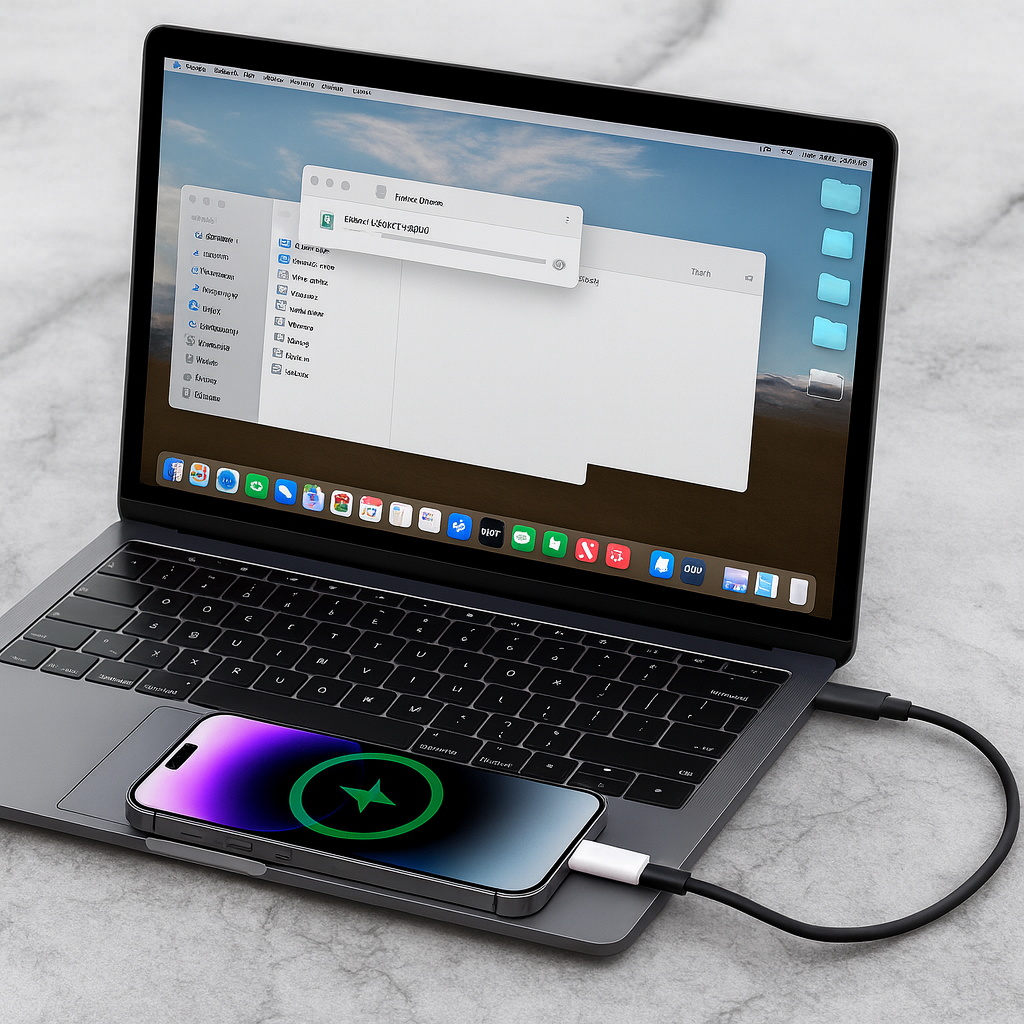 Ein Laptop mit einem Telefon, das darauf geladen wird. Das Telefon zeigt ein Ladesymbol an. Der Laptop-Bildschirm zeigt mehrere Fenster.