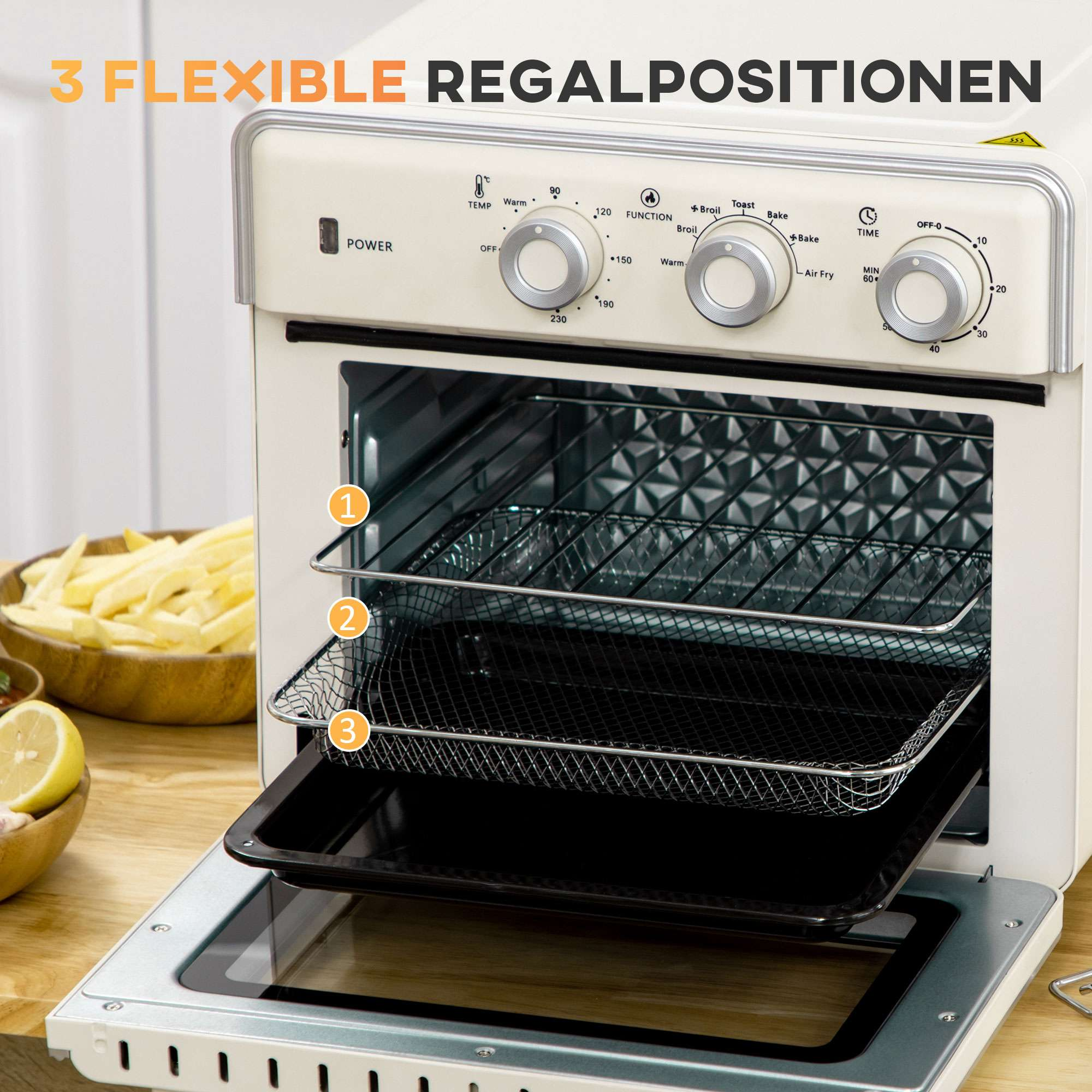 Ein offener Luftfritteuse mit drei Einschubpositionen. Knöpfe für Temperatur, Funktion und Zeit sind sichtbar.
