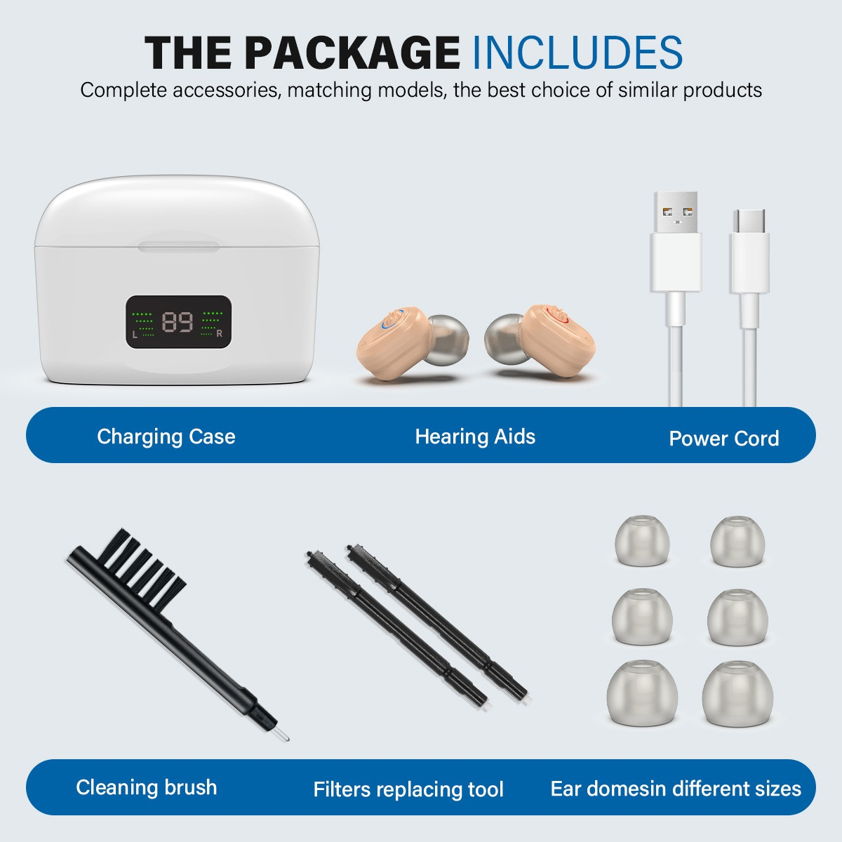 Das Bild zeigt ein Ladeetui, Hörgeräte, Netzkabel, eine Reinigungsbürste, Filterwerkzeuge und Ohrkuppeln in verschiedenen Größen.