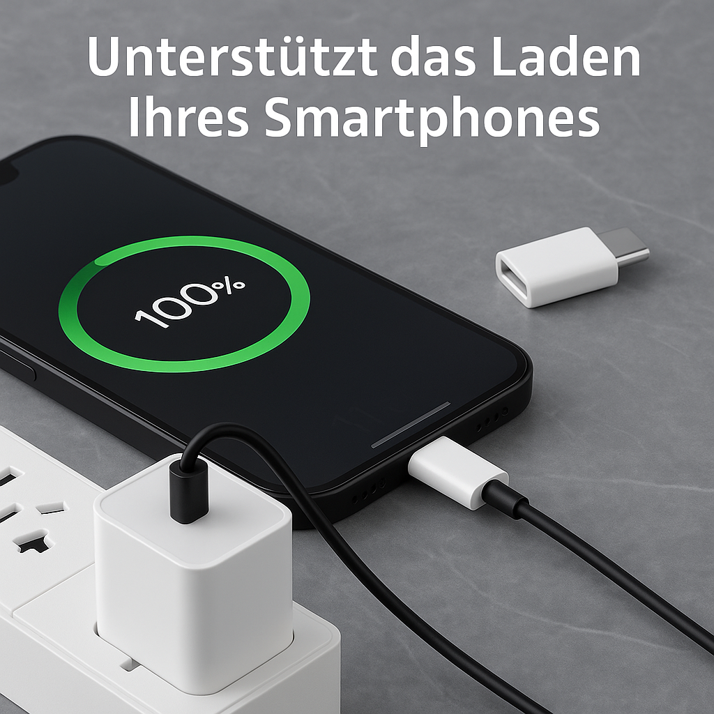 Ein Telefon wird geladen und zeigt 100 %. Ein weißes Ladegerät ist mit dem Telefon und einer Steckdose verbunden. Der Hintergrund ist grau.