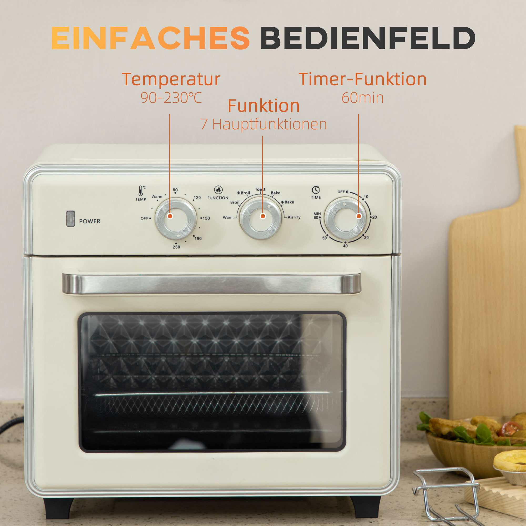 Ein cremefarbener Ofen mit Reglern für Temperatur, Funktion und Timer. Beschriftungen sind auf Deutsch. Essen ist im Hintergrund.