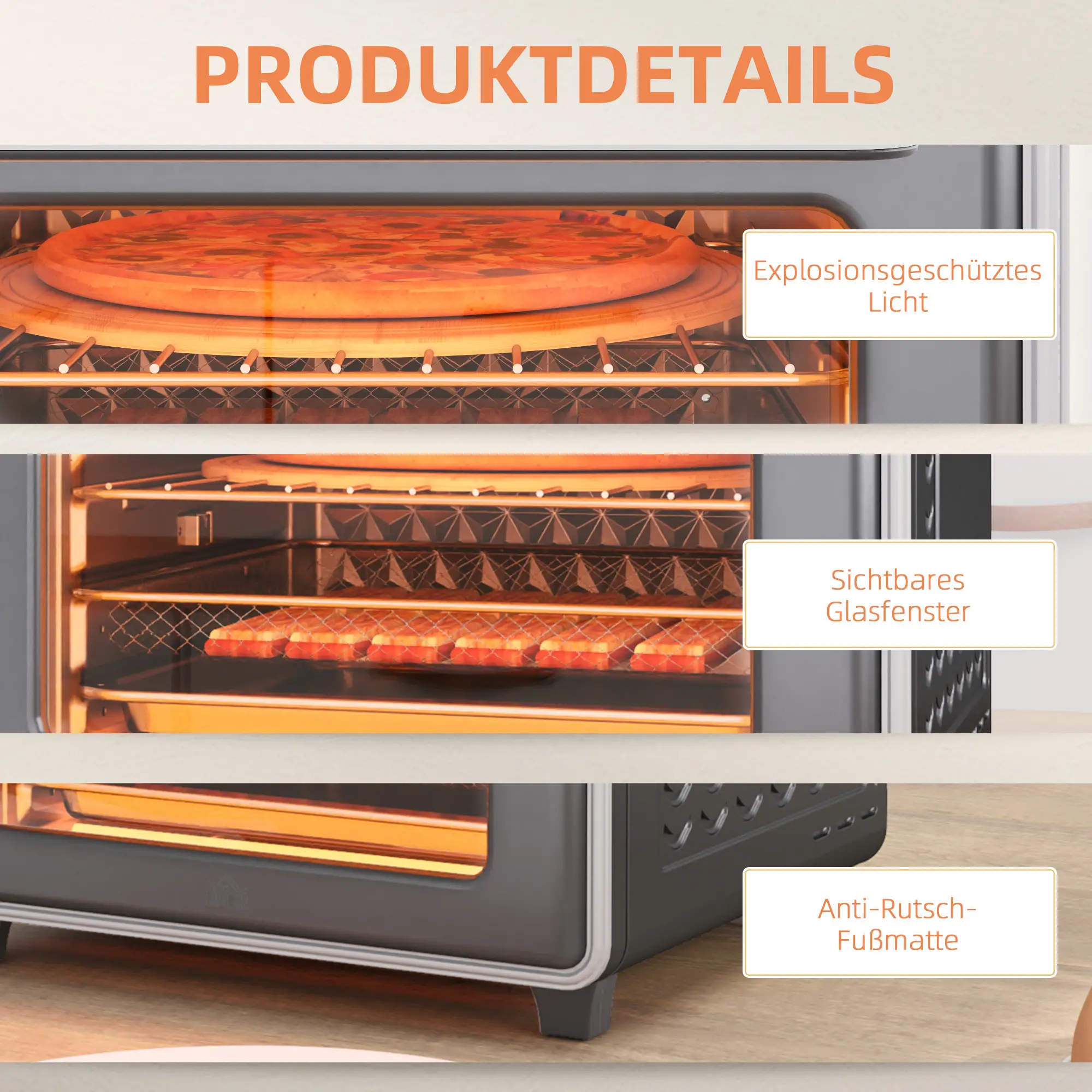 Nahaufnahme eines Ofens mit Pizza. Details sind Licht, Glasfenster und rutschfeste Matte.