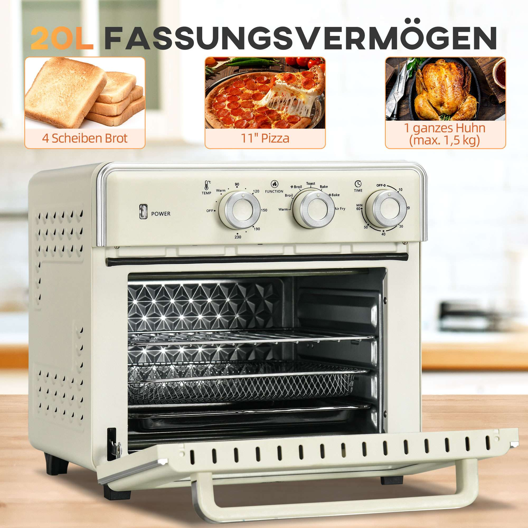 Ein offener beigefarbener Airfryer mit Bildern von Brot, Pizza und Hähnchen sowie Drehreglern für Temperatur und Zeit.