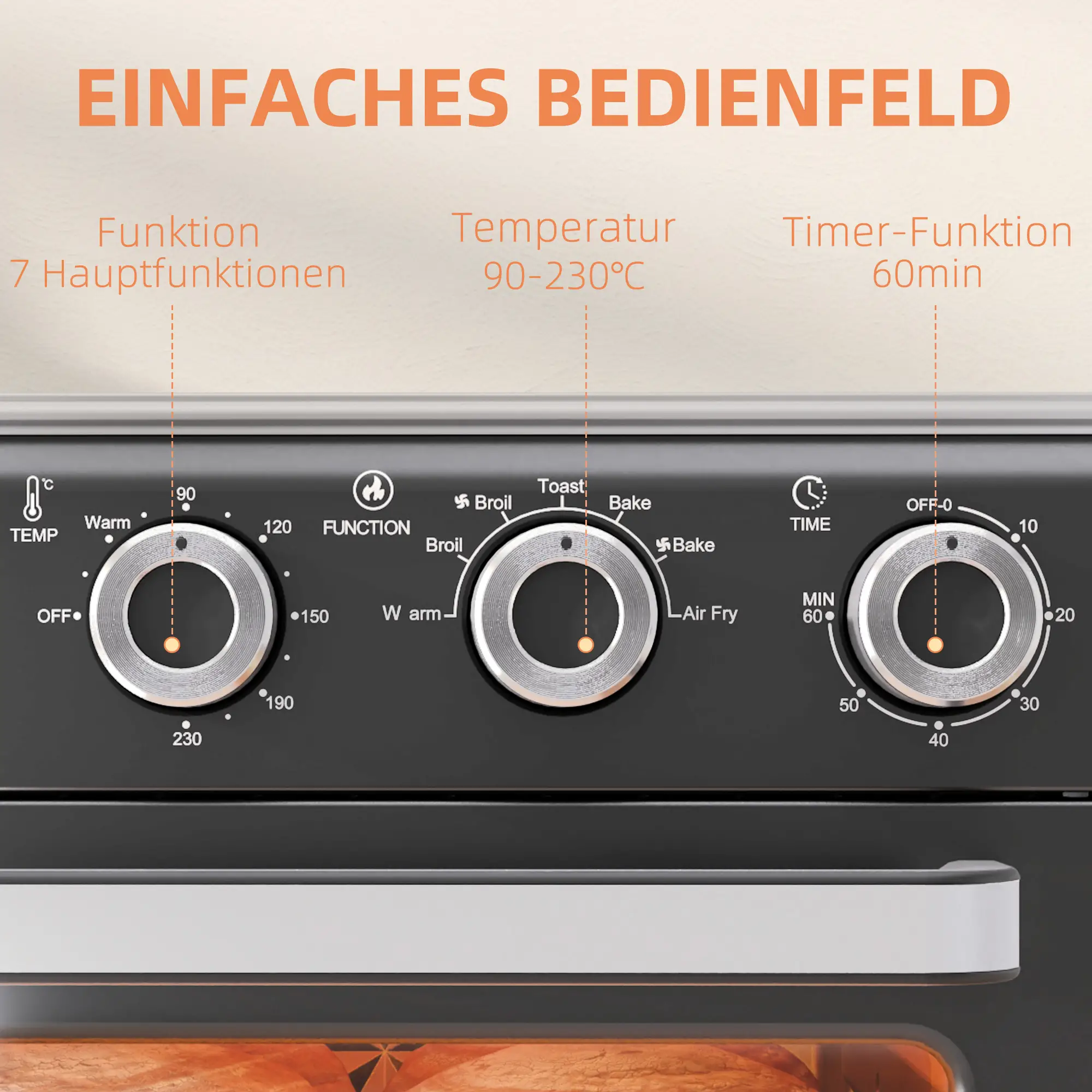 Backofen-Bedienfeld mit Temperatur-, Funktions- und Timer-Knöpfen. Zeigt Einstellungen für Backen, Braten und Frittieren.