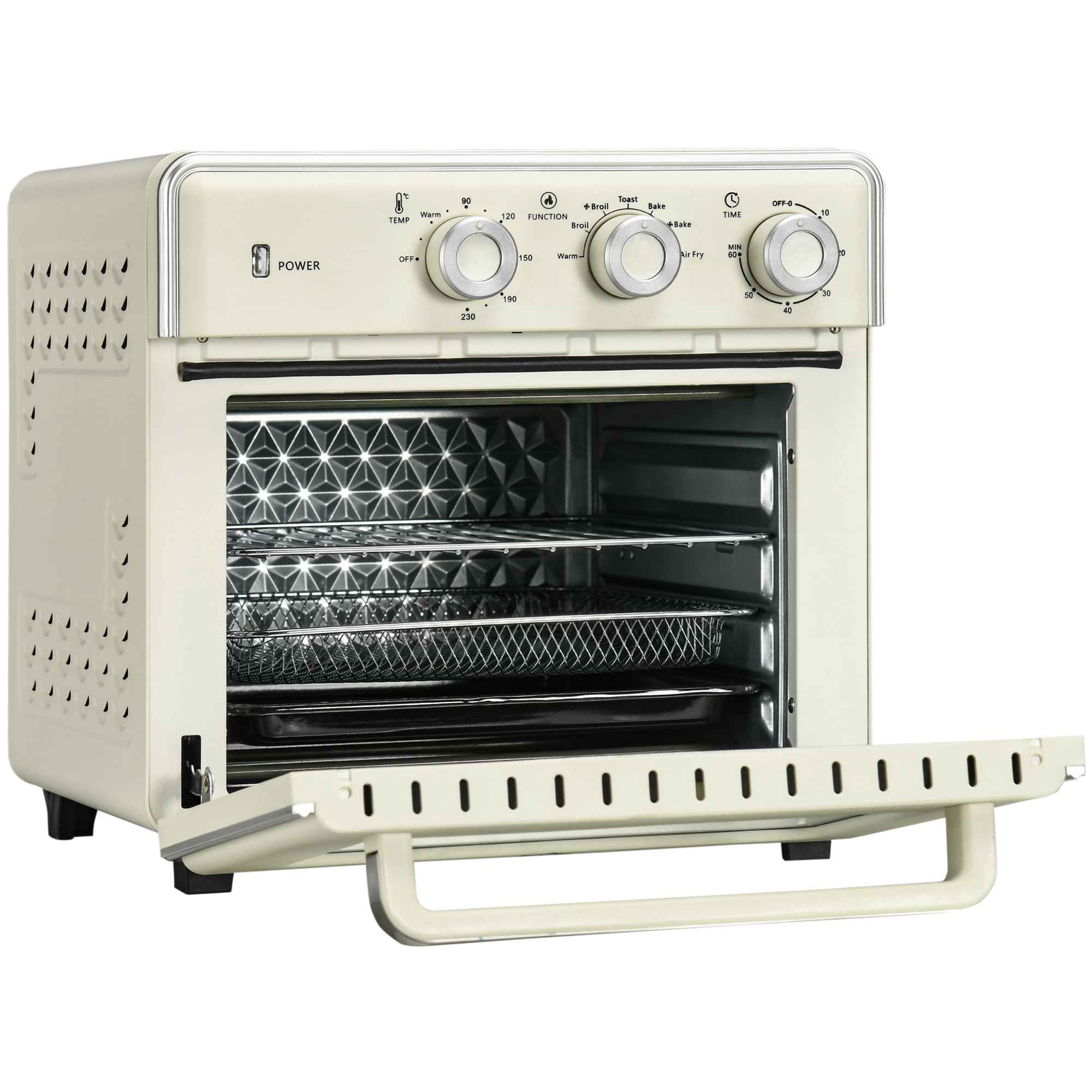 Ein cremefarbener Airfryer-Ofen, Tür offen, zeigt das Innere mit Rosten und Bedienelementen für Temperatur, Funktion und Zeit.