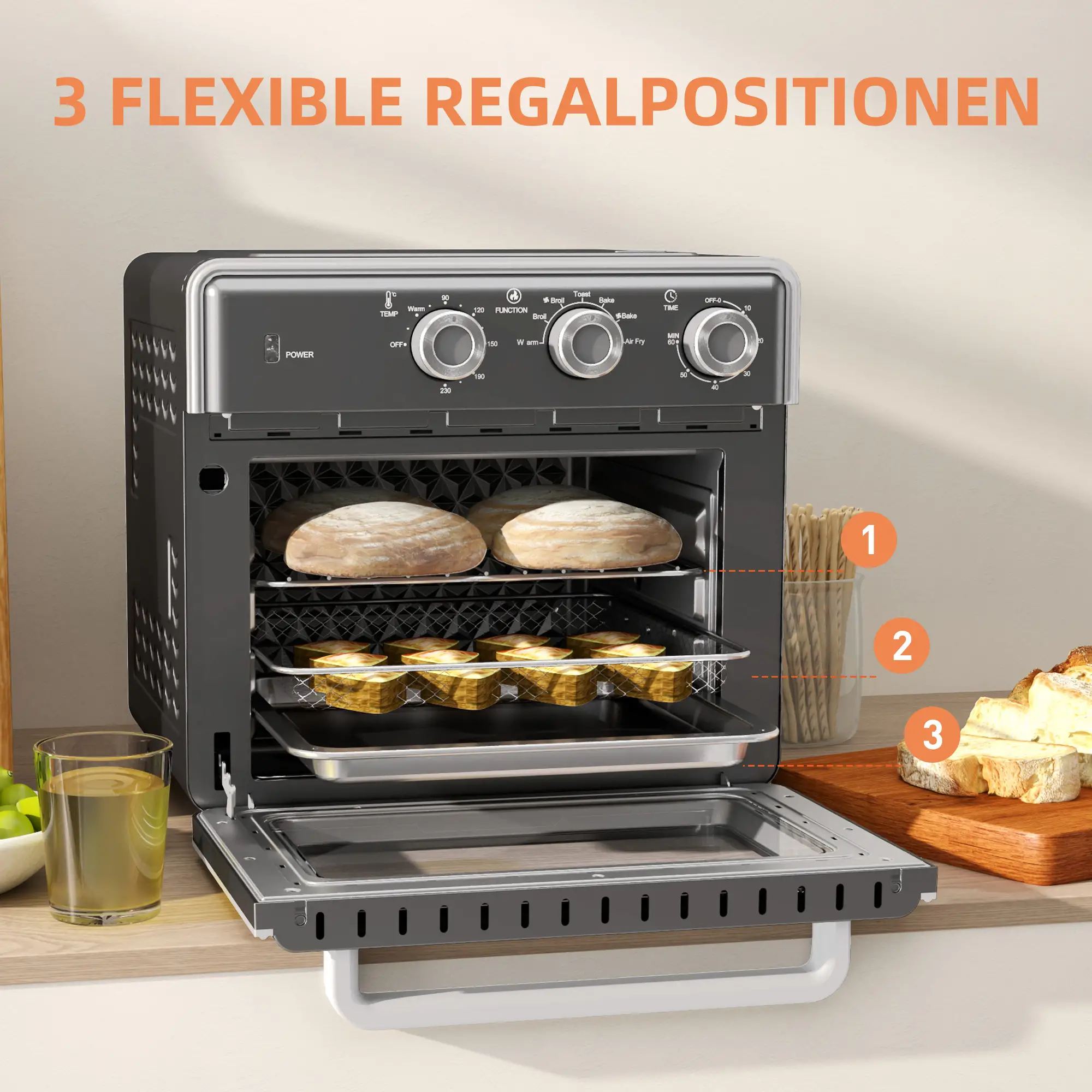 Ein Heißluftfritteusenofen mit drei Rostpositionen. Zu den Lebensmitteln gehören Brot und Muffins. Knöpfe steuern Funktionen und Zeit.