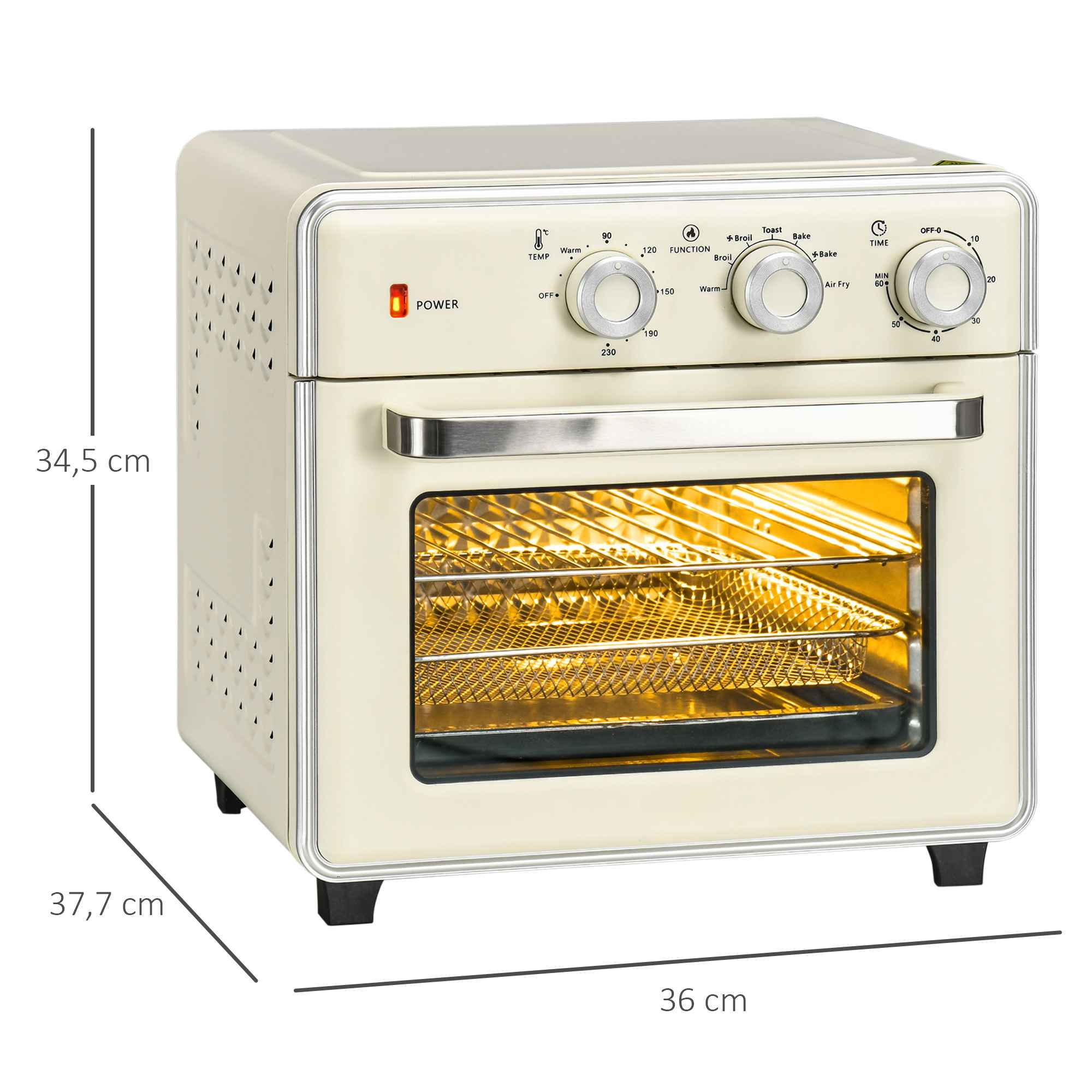 Ein cremefarbener Airfryer mit Temperatur- und Zeiteinstellungen und einem sichtbaren Drahtgestell.