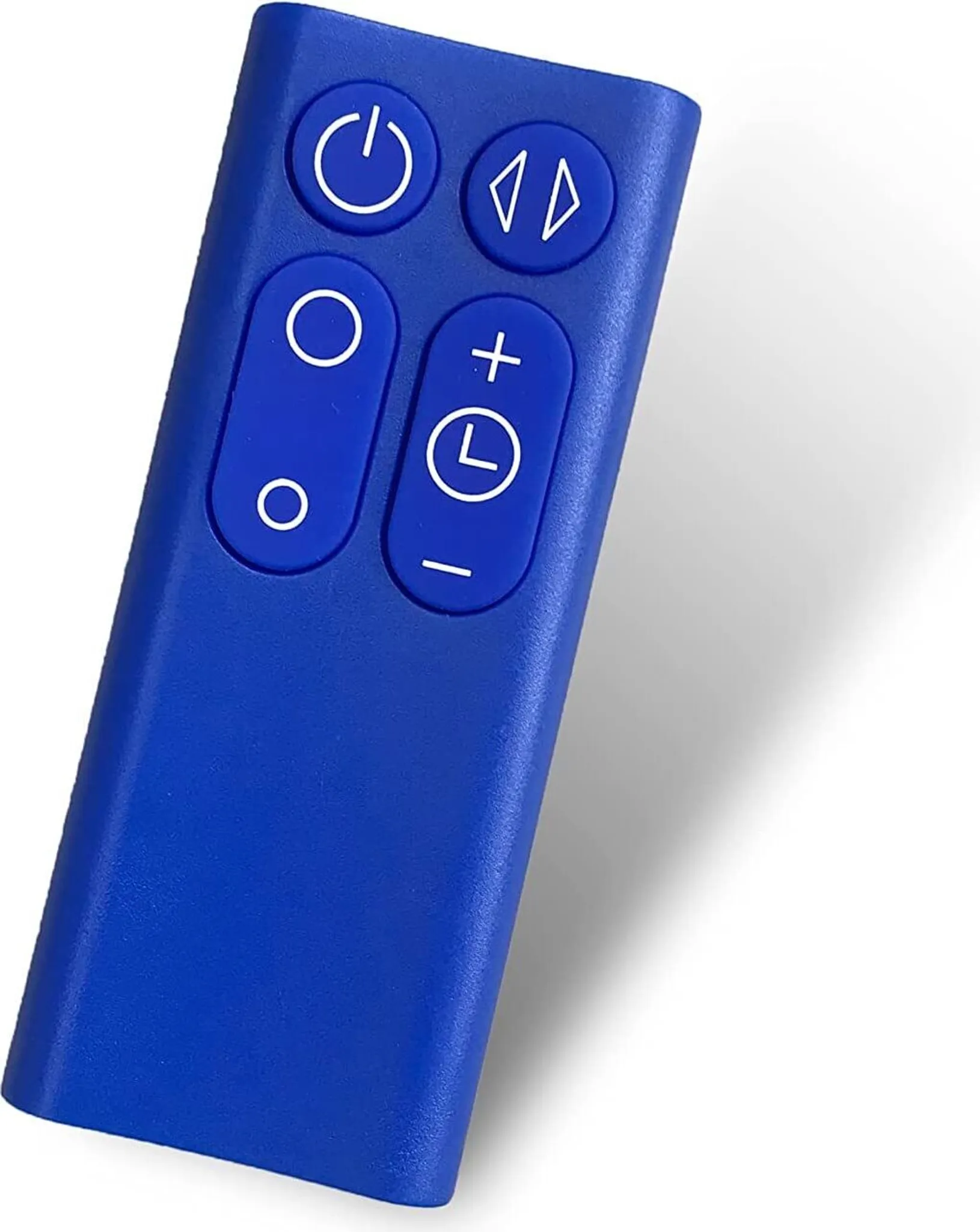 Blaue Fernbedienung mit Ein-/Aus-, Pfeil- und Timer-Tasten auf weißem Hintergrund. Sie wirft einen Schatten.