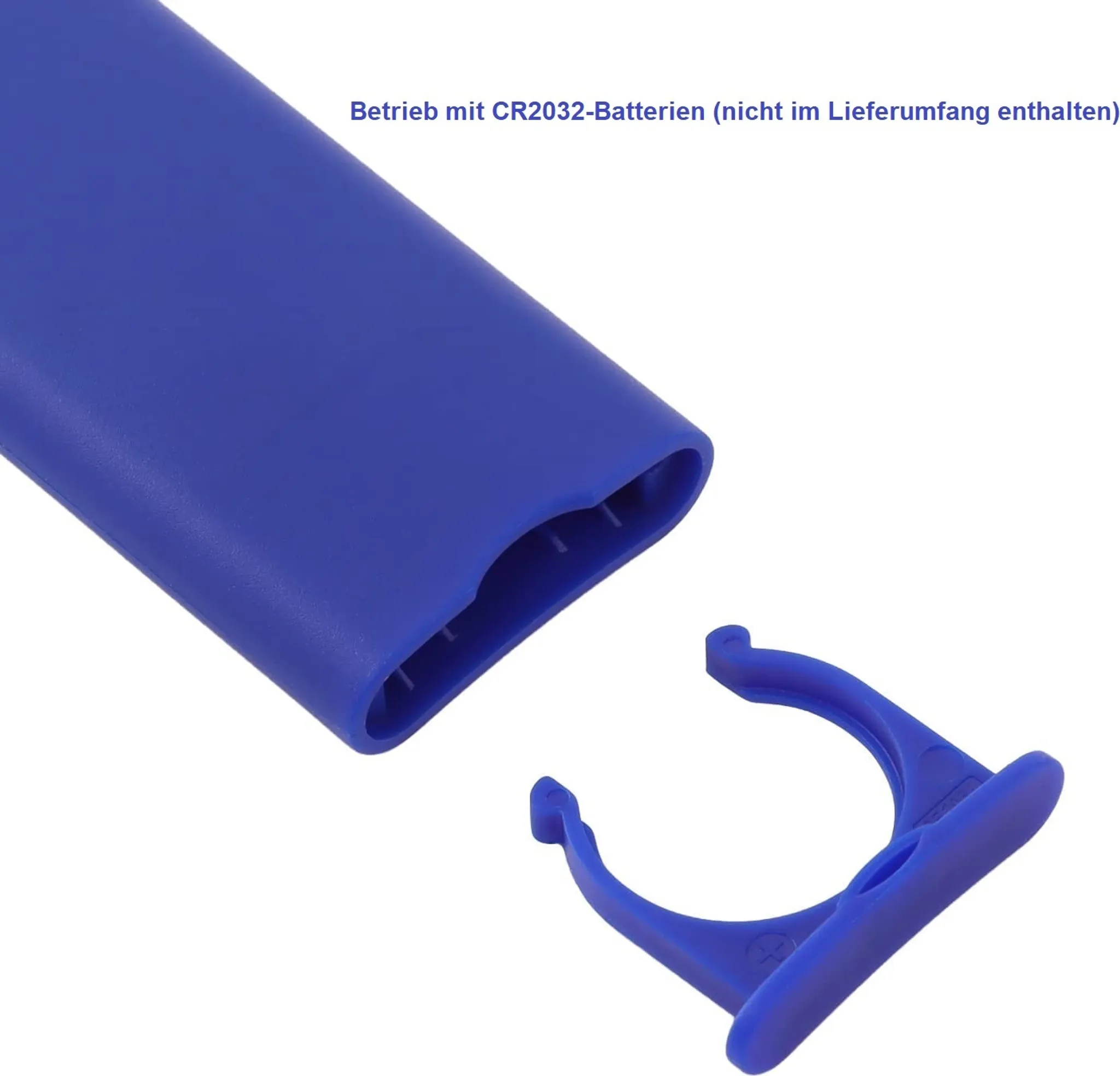 Blaues Kunststoffgerät mit Halterung und einem gebogenen Teil. Der Text oben lautet: Funktioniert mit CR2032-Batterien.