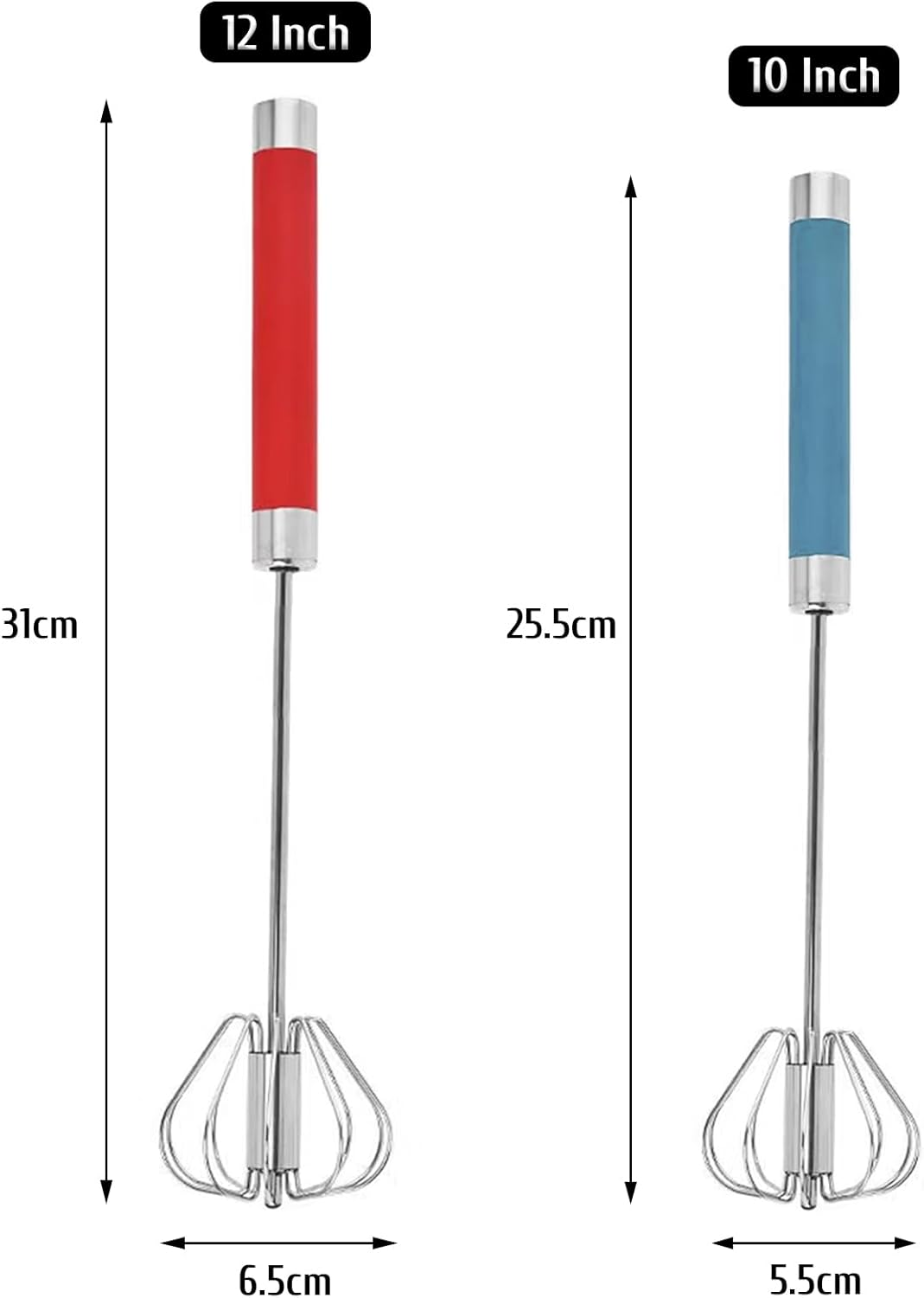 Zwei Schneebesen: einer mit rotem Griff 12 Zoll, der andere mit blauem Griff 10 Zoll. Beide haben Schneebesen aus Edelstahl.