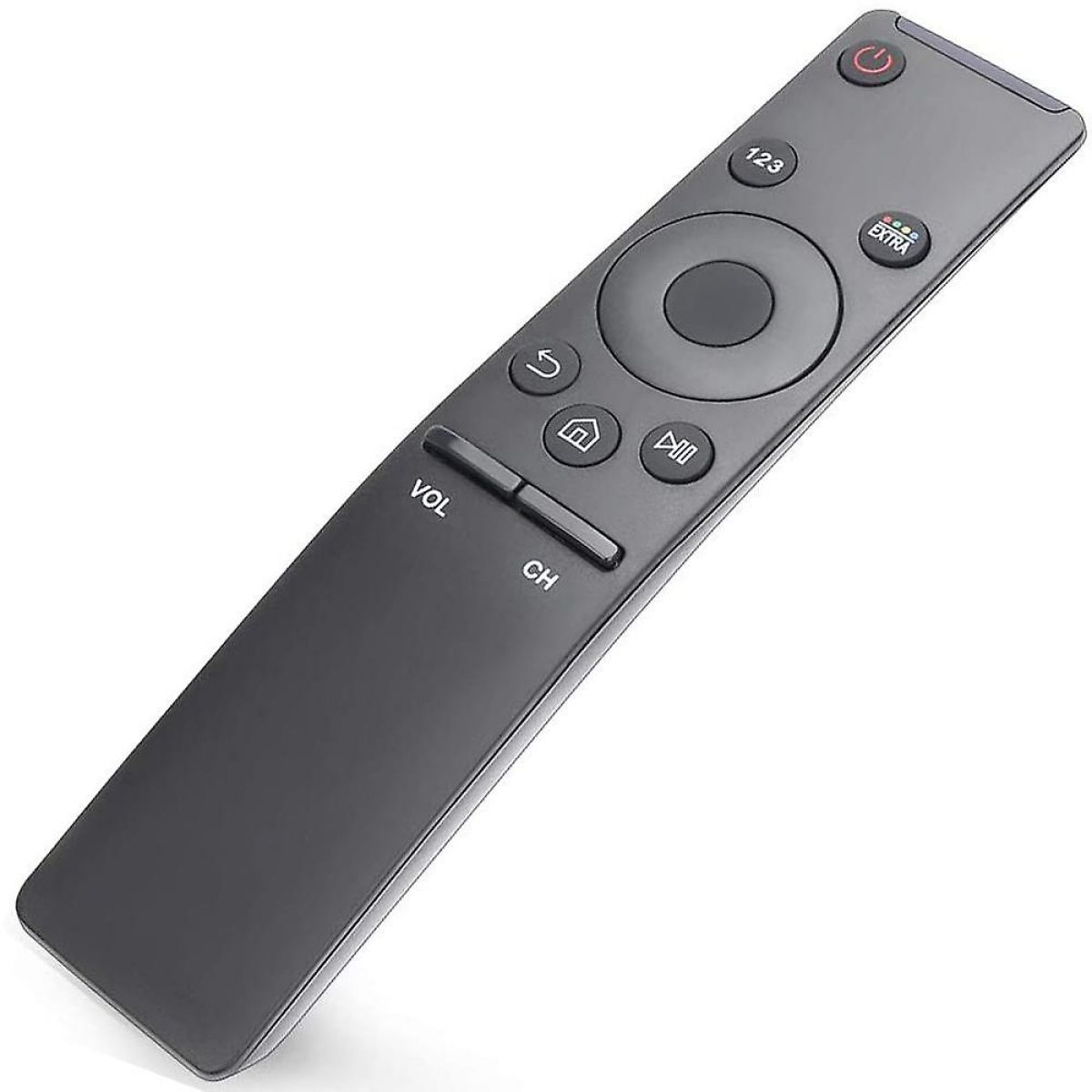 Eine schwarze Samsung-Fernbedienung mit verschiedenen Tasten, darunter Ein/Aus, Lautstärke, Kanal und ein zentraler Navigationskreis.