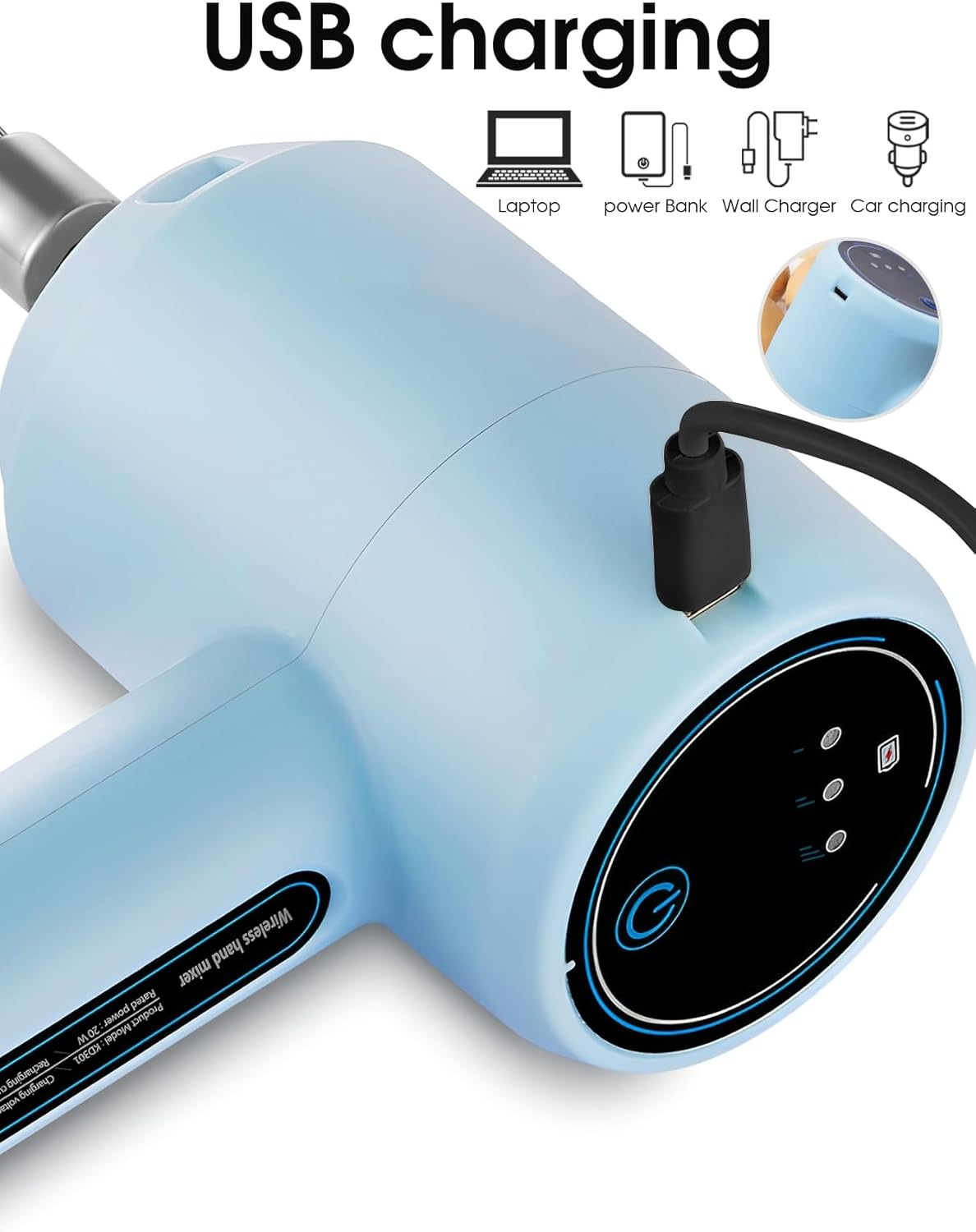 Ein hellblauer kabelloser Handmixer wird gezeigt. Er wird mit einem USB-Kabel aufgeladen. Text oben deutet auf Ladeoptionen hin.