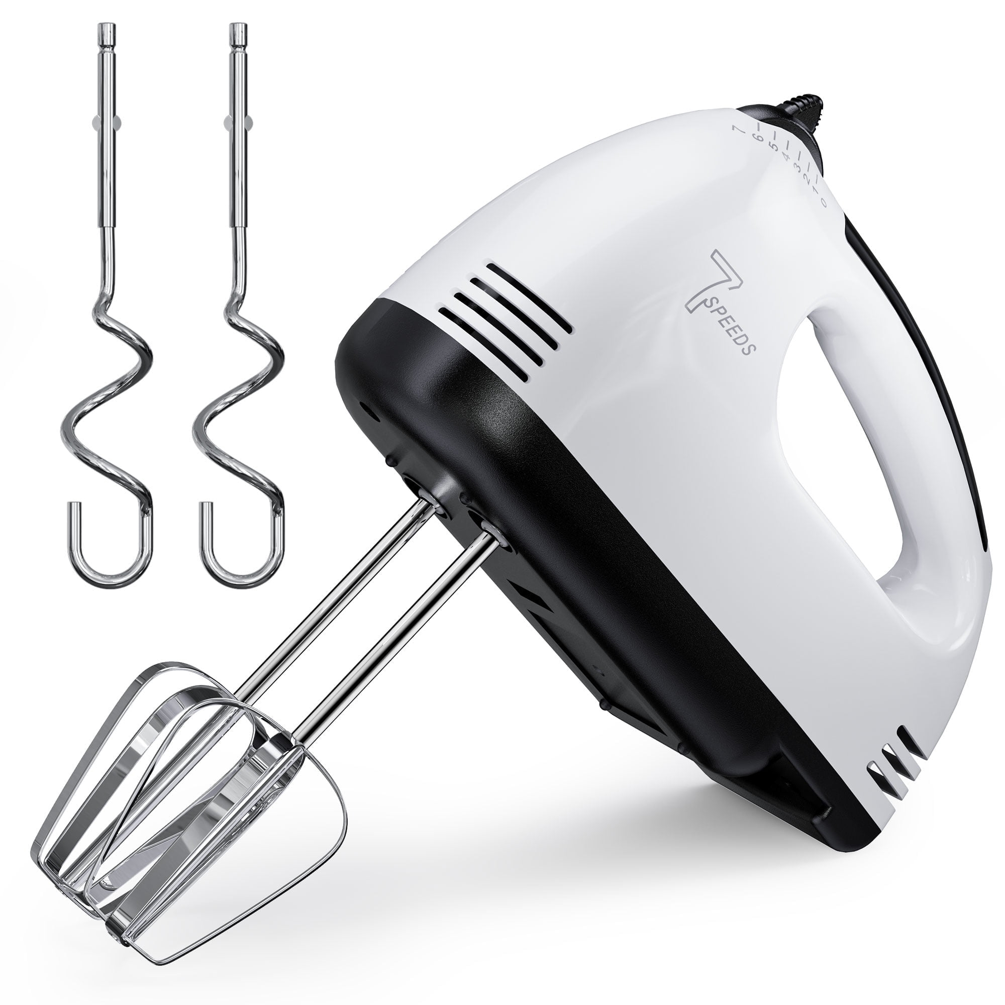 Ein weiß-schwarzer 7-Gang-Handmixer mit zwei Rührbesen und zwei Knethaken. Der Mixer befindet sich auf weißem Hintergrund.