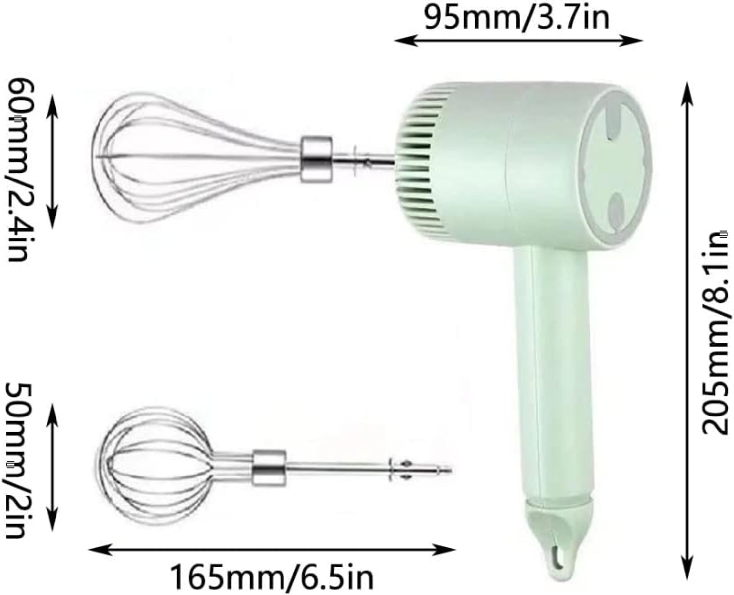 Ein elektrischer Handmixer. Er hat ein mintgrünes Gehäuse und zwei Aufsätze: einen Schneebesen und einen Schläger, mit Größenangaben.