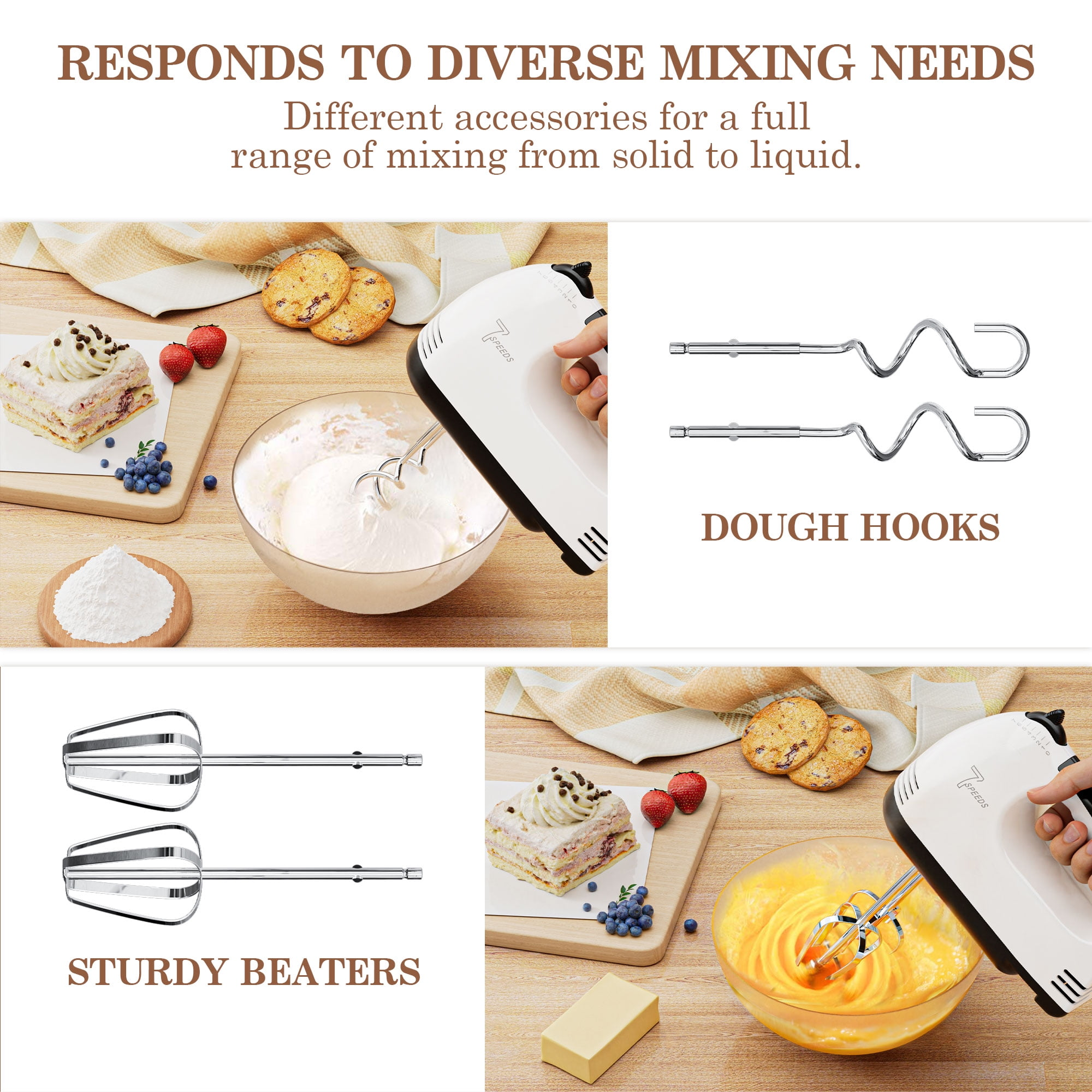 Ein weißer Handmixer verrührt Zutaten in einer Schüssel. Zubehör und Zutaten wie Kuchen, Obst und Butter sind zu sehen.