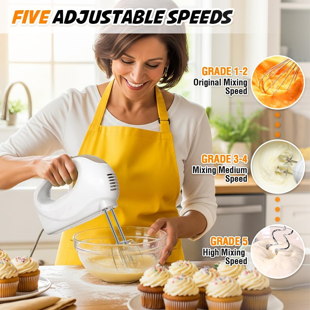 Eine Frau in gelber Schürze verrührt mit einem Handrührgerät Teig in einer Glasschüssel. Cupcakes sind im Vordergrund. Text zeigt Geschwindigkeitseinstellungen.
