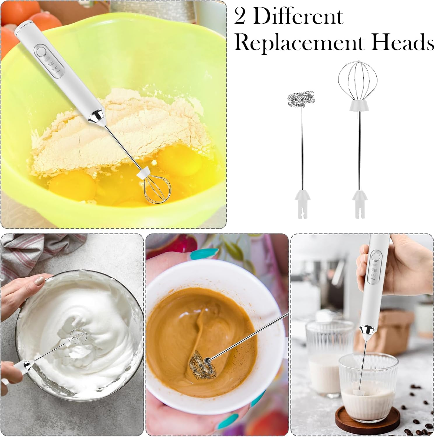 Das Bild zeigt einen weißen Handmixer mit verschiedenen Aufsätzen, der Zutaten in Schüsseln und Tassen vermischt. Enthält Eier, Teig und Kaffee.