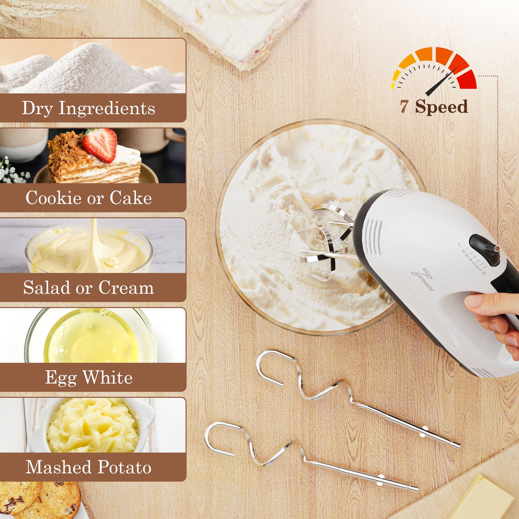 Ein Handmixer verrührt Zutaten in einer Schüssel. Zutaten und Kuchen sind abgebildet. Ein Geschwindigkeitsregler steht auf 7.