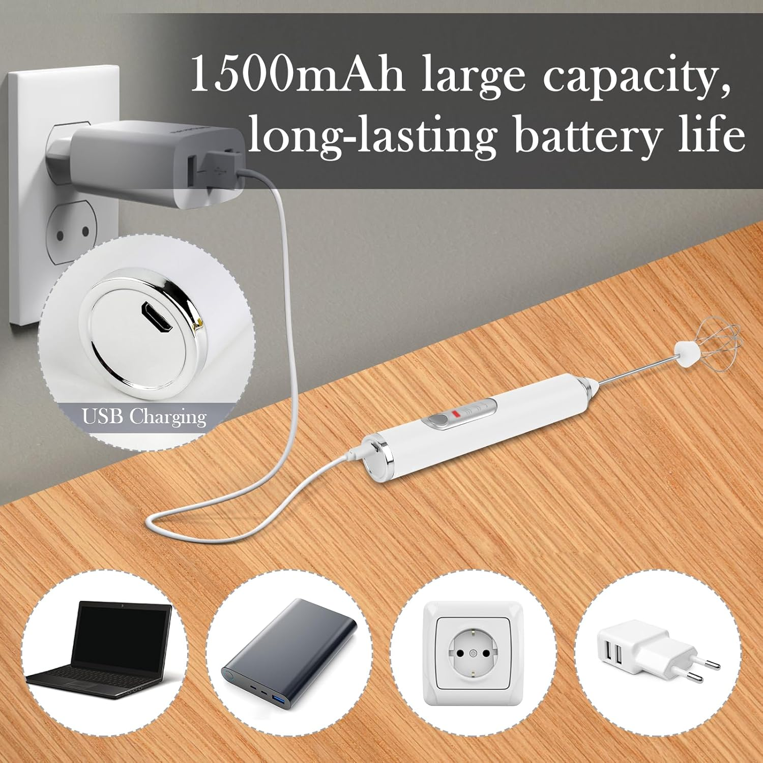 Ein weißer Handmixer ist an ein Ladegerät angeschlossen. Zusätzliche Bilder zeigen einen Laptop, eine Powerbank, eine Steckdose und ein Ladegerät.