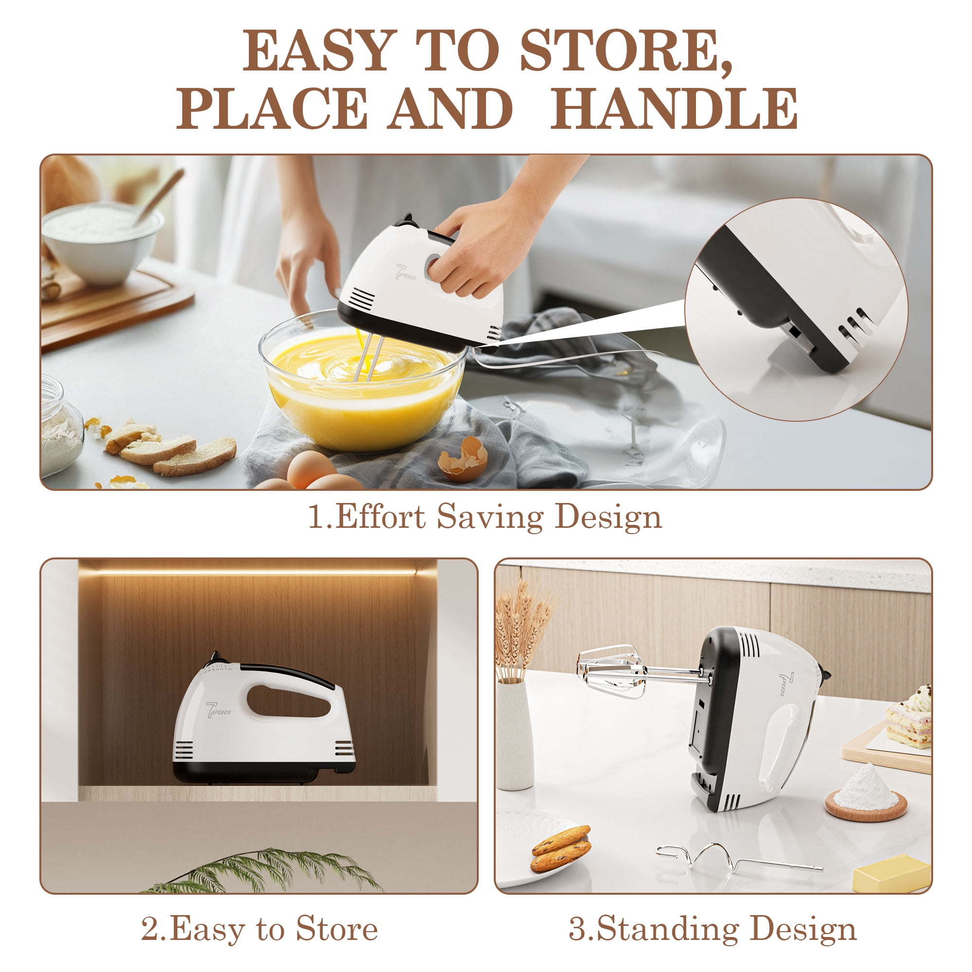 Eine Werbung zeigt einen weißen Handmixer mit mehreren Bildern. Die Bilder zeigen die Verwendung und Lagerung des Mixers.
