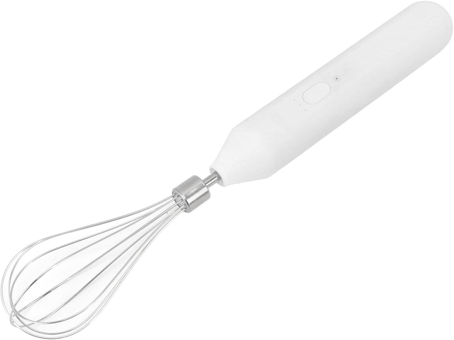 Ein weißer elektrischer Schneebesen auf weißem Hintergrund. Der Schneebesen hat einen weißen Griff und silberne Schneebesen.