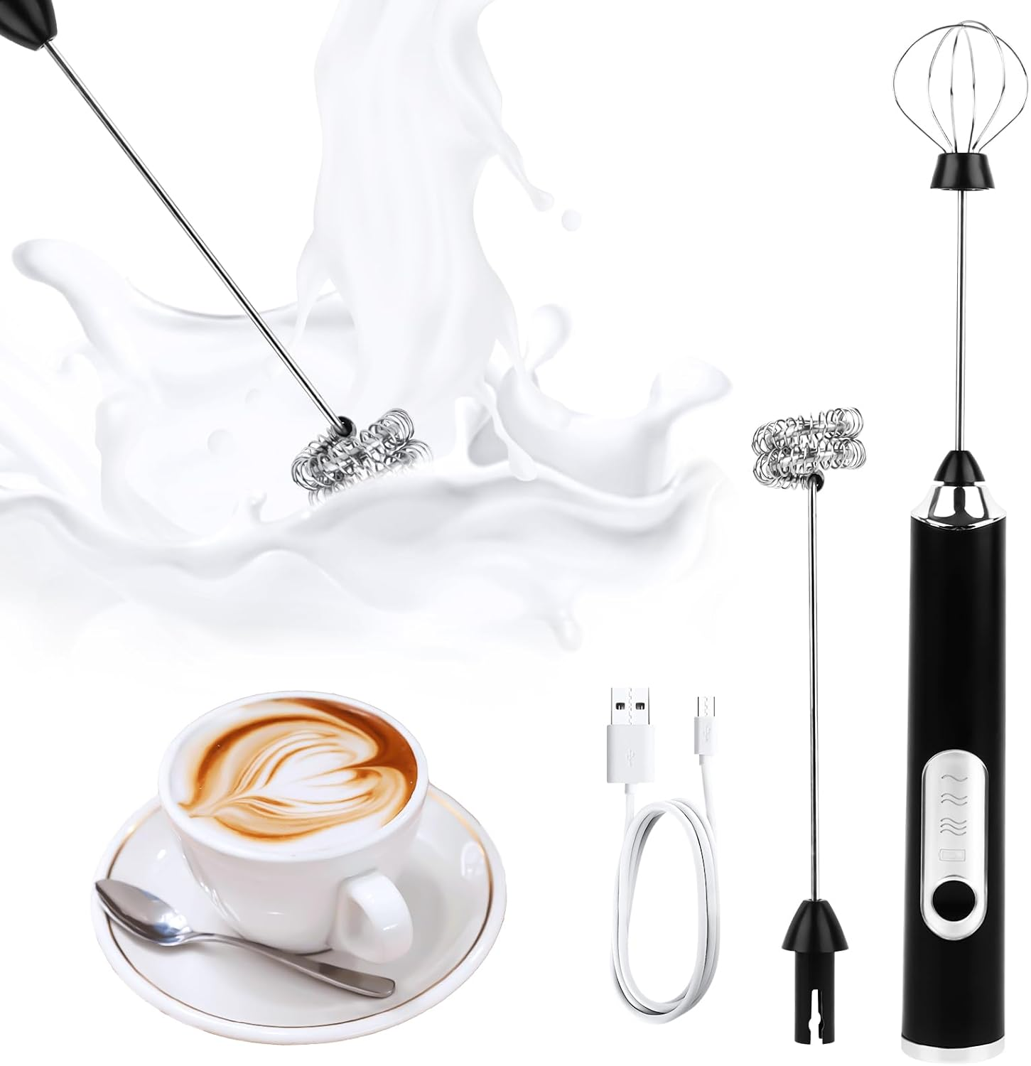 Ein Bild einer Kaffeetasse, eines Milchaufschäumers und eines Milchspritzers. Der Kaffee hat ein Herzdesign. Der Aufschäumer ist schwarz und silber.