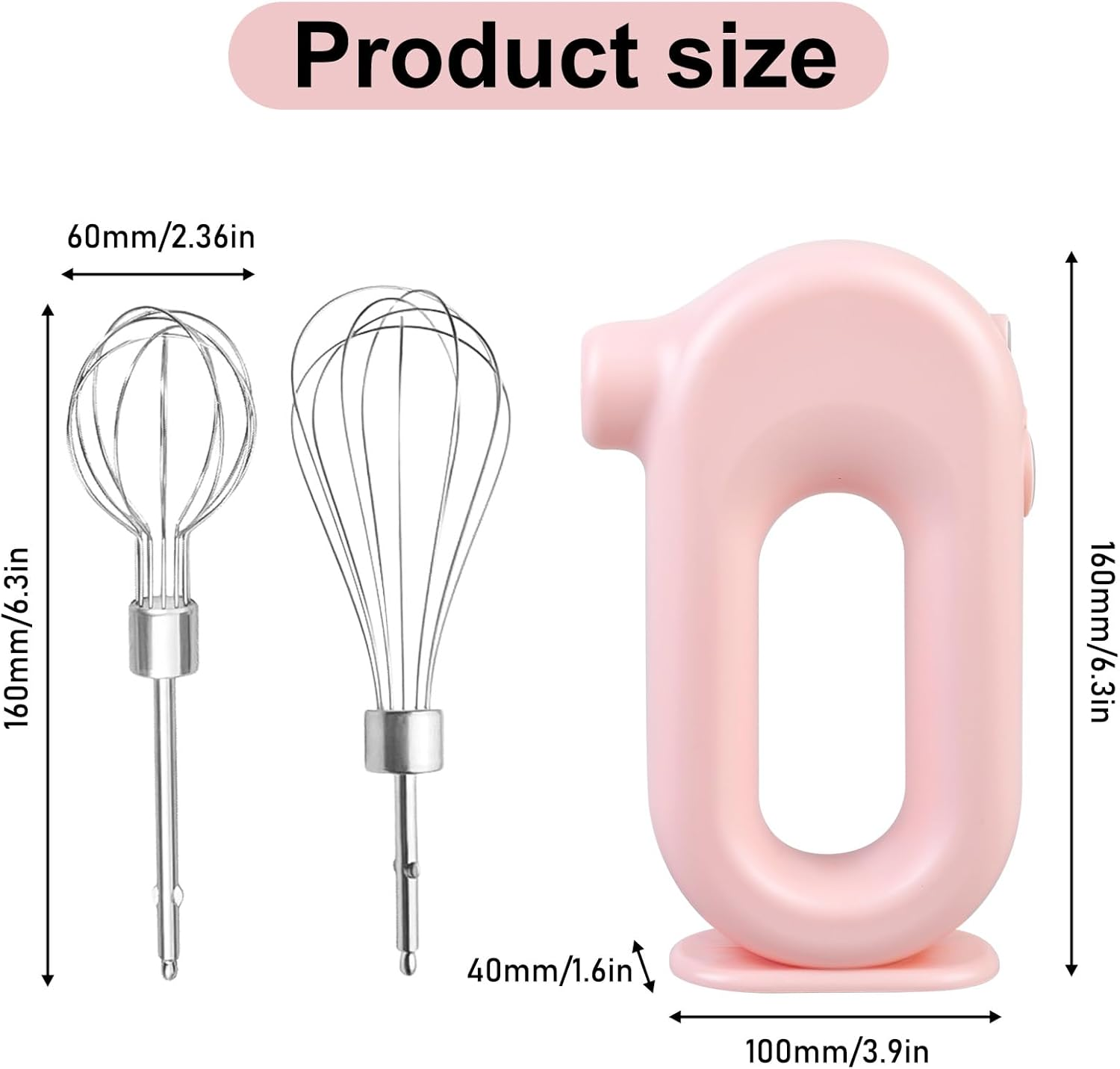 Ein rosa Handmixer und zwei Schneebesen mit Maßen werden gezeigt. Der Text 'Produktgröße' steht oben im Bild.