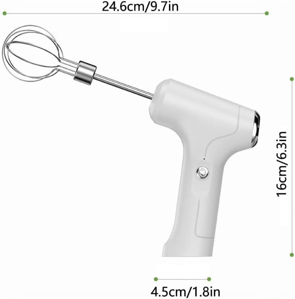 Ein weißer elektrischer Handmixer mit Schneebesenaufsatz. Abmessungen sind angegeben. Der Mixer befindet sich auf weißem Hintergrund.