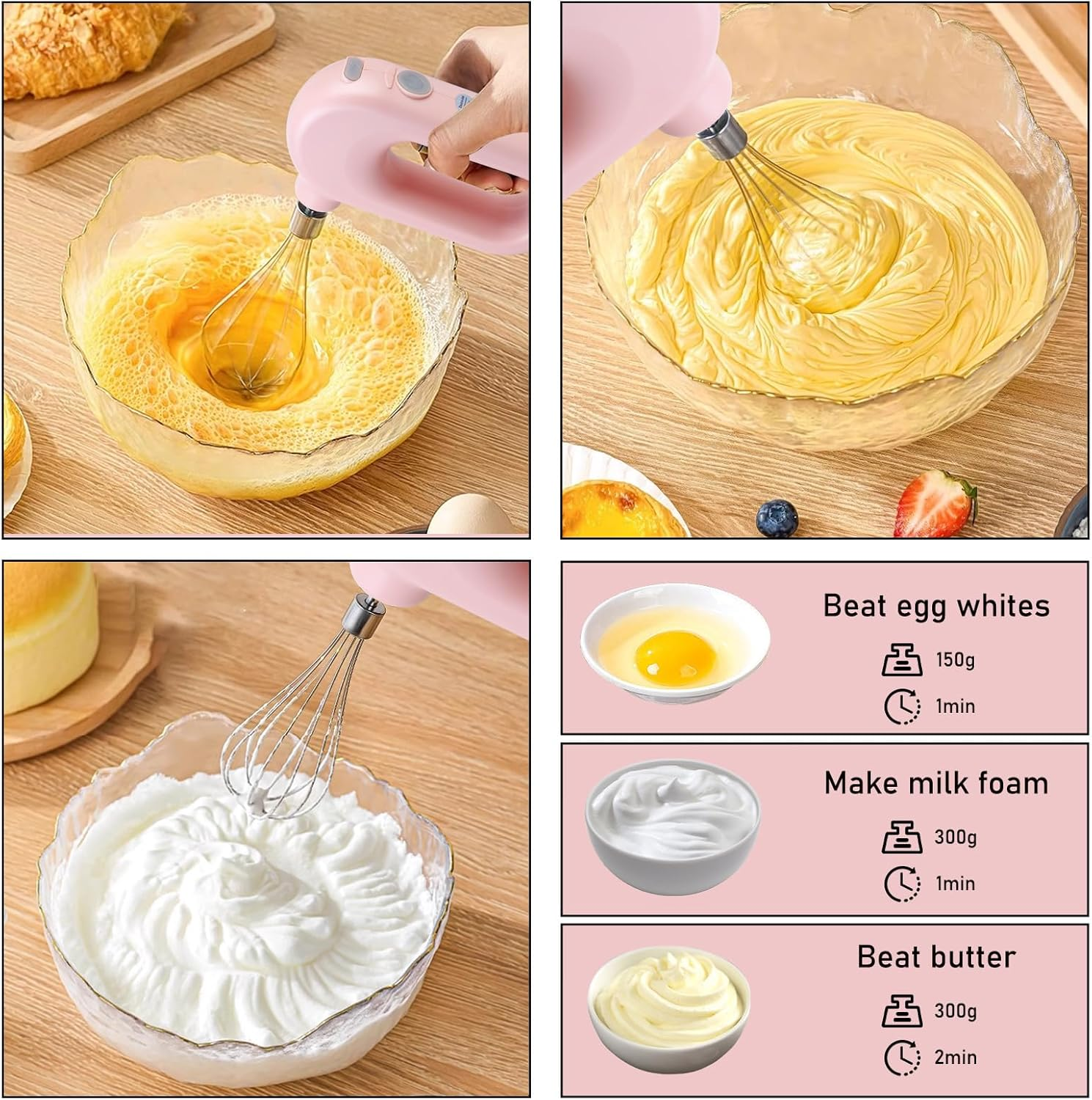 Ein rosa Handmixer verquirlt Zutaten in Glasschüsseln. Das Bild zeigt Eier, Sahne und Butter, die für das Kochen zubereitet werden.