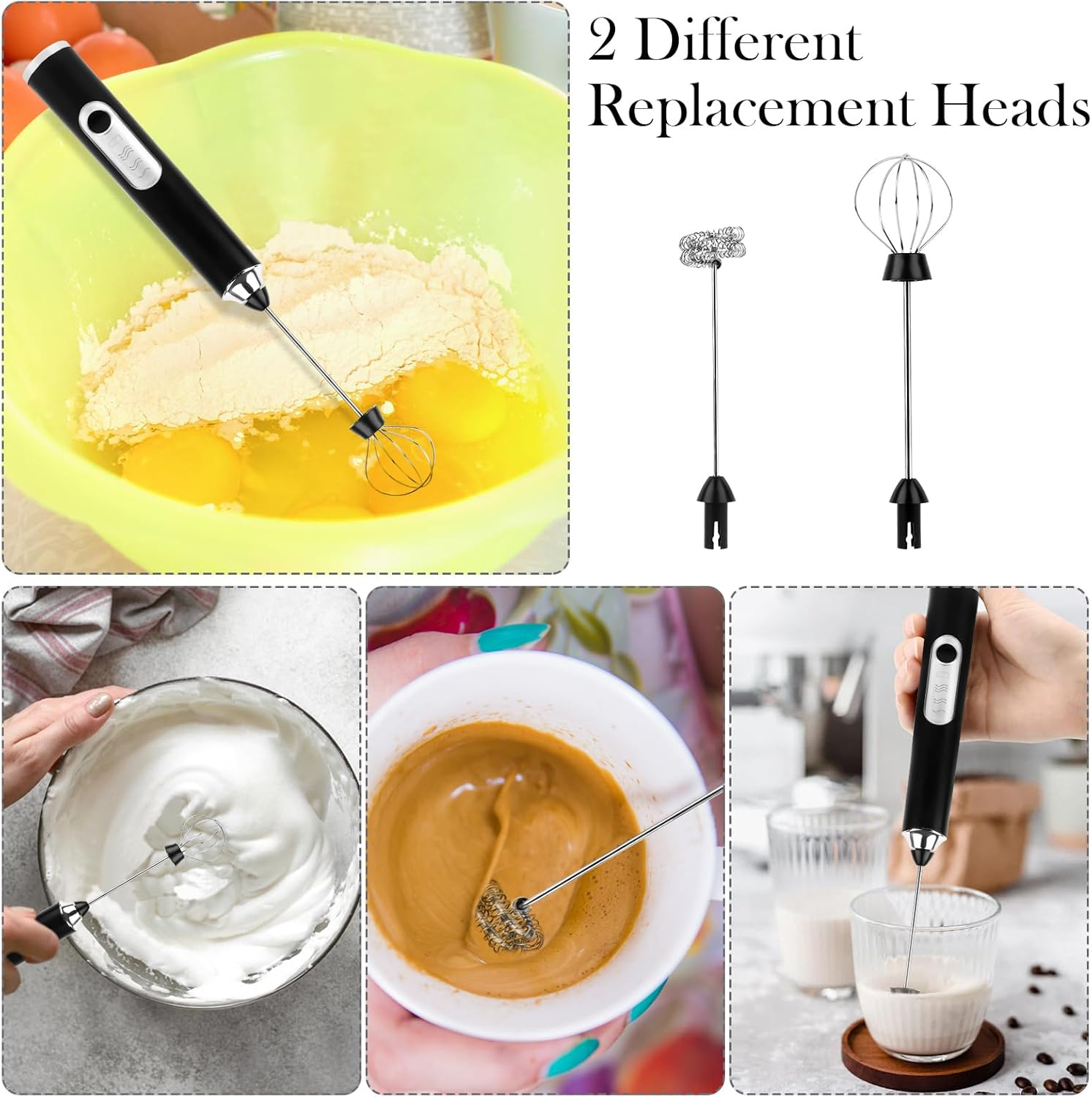 Ein schwarzer Handmixer mit zwei Ersatzköpfen. Er wird beim Mischen von Eiern, Schlagsahne, Kaffee und Milch gezeigt. Der Text lautet '2 verschiedene Ersatzköpfe'.