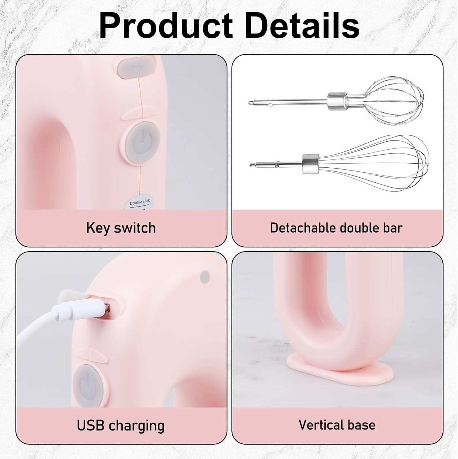 Details eines rosa Handmixers. Zeigt Schalter, abnehmbare Stäbe, USB-Ladeanschluss und vertikalen Sockel. Etiketten.